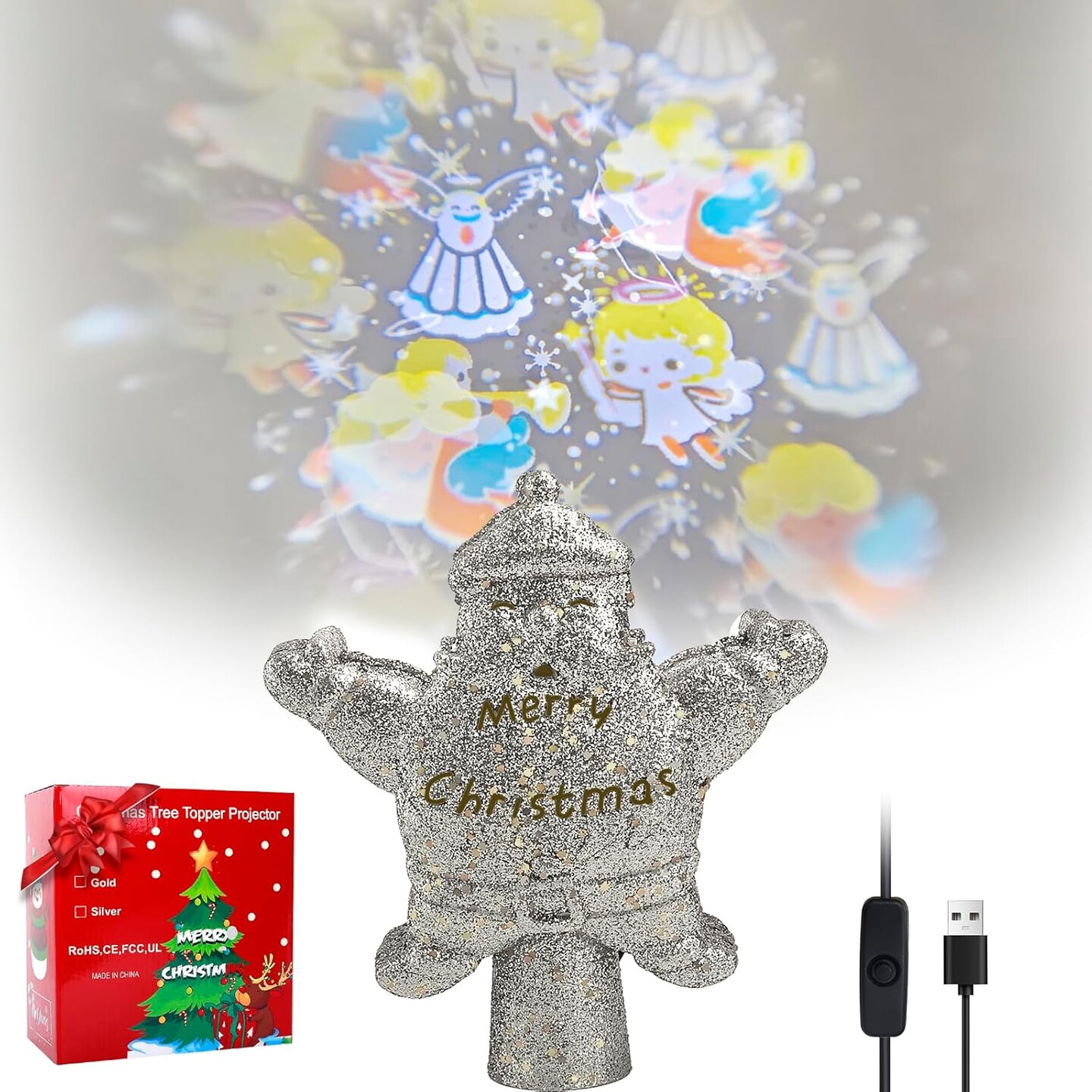 Tree Topper Projector, Snowflake Projector Tree Topper, Built-in 360&#xB0; LED Rotating Lights with 4 Patterns Dynamic Projection for Xmas Tree Decoration