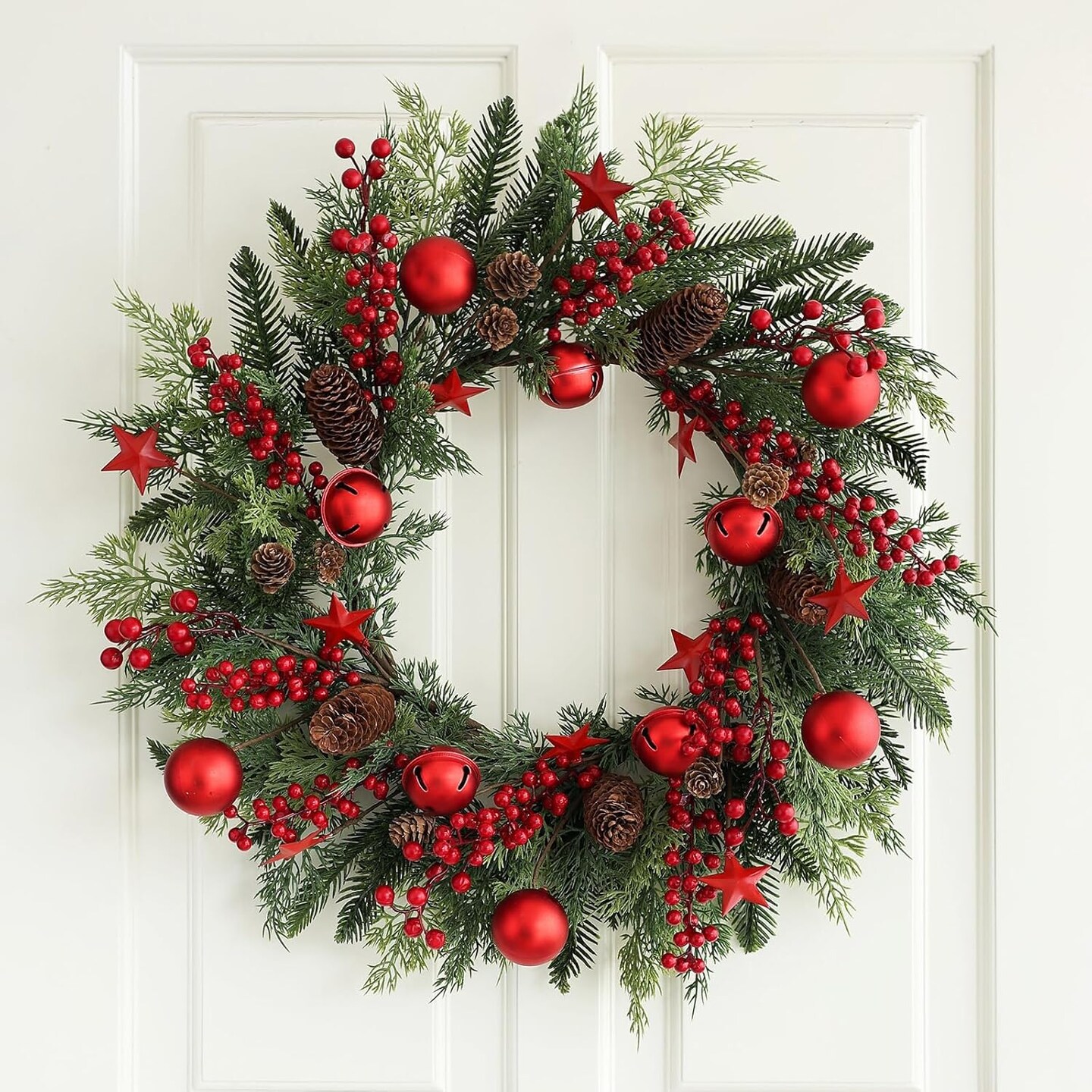 Christmas Red Wreaths for Front Door 20 Inches, Xmas Farmhouse Winter Wreath with Bells Balls Berry Stars for Window Outdoor Outside, Artificial Holiday Rustic Wreath for Indoor Porch Decor