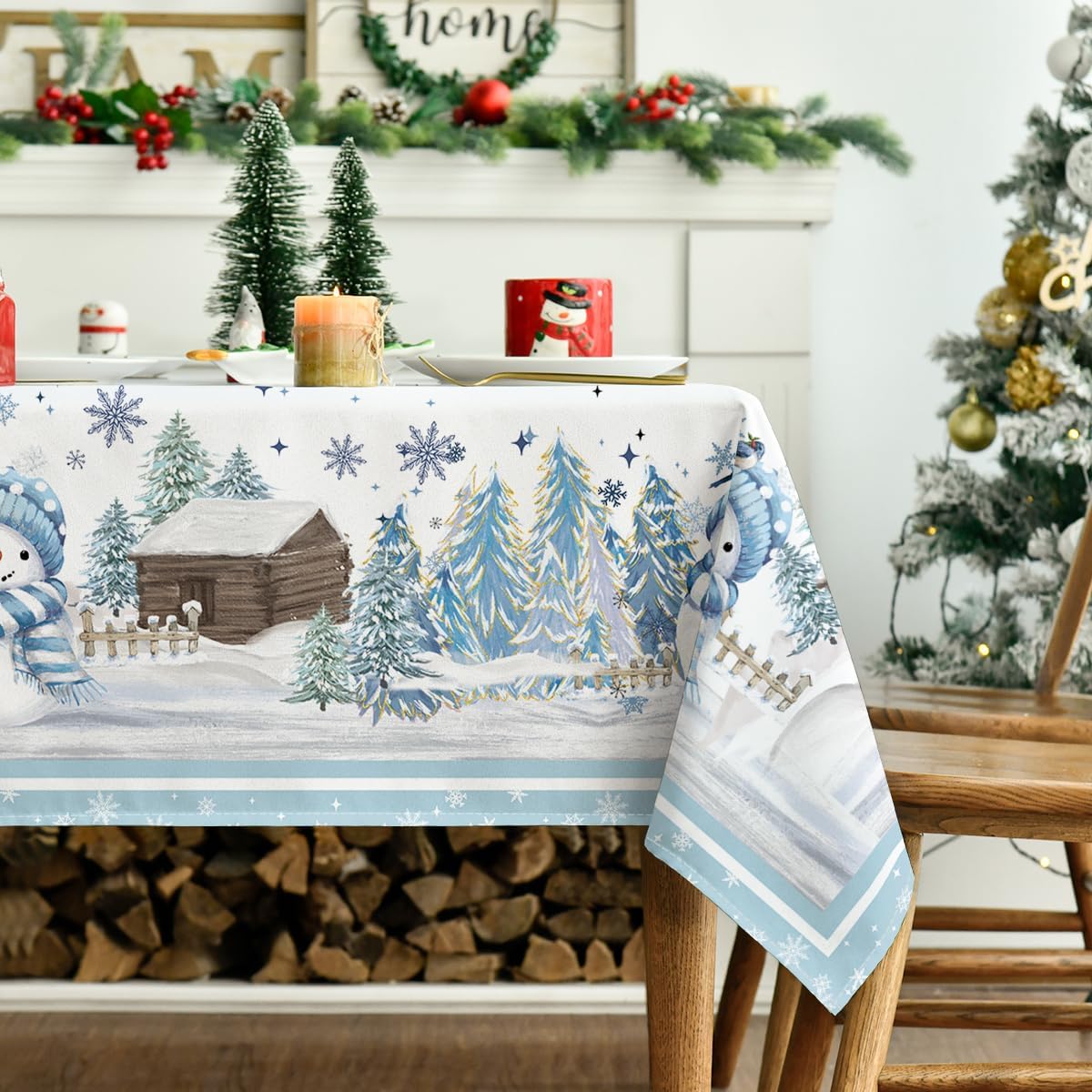 Christmas Tablecloth 60&#xD7;84 Inch Rectangular, Blue Snowman Pine Snow Washable Table Cover for Party Picnic Dinner Decor