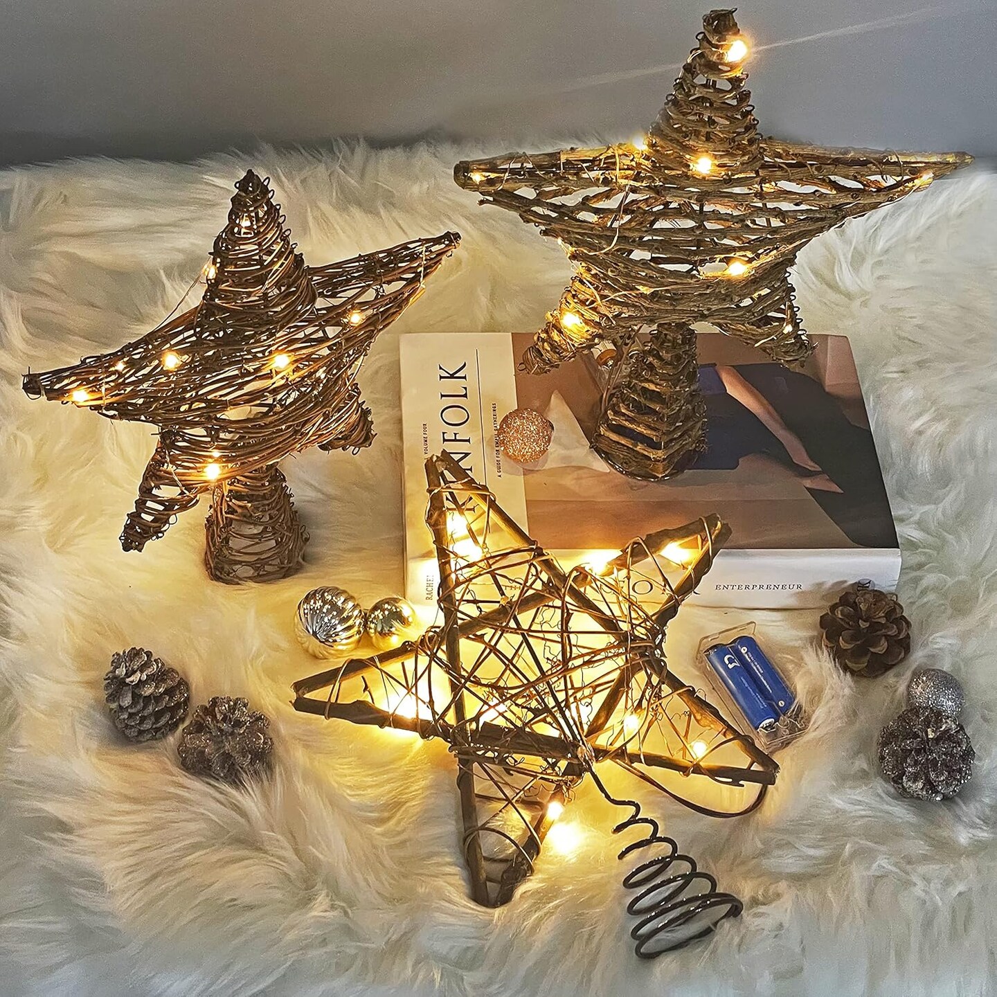 Christmas Tree Topper,Lighted Rattan Star Tree Topper with 15 LED Lights for Christmas Tree and Holiday Seasonal Decoration (Thin)