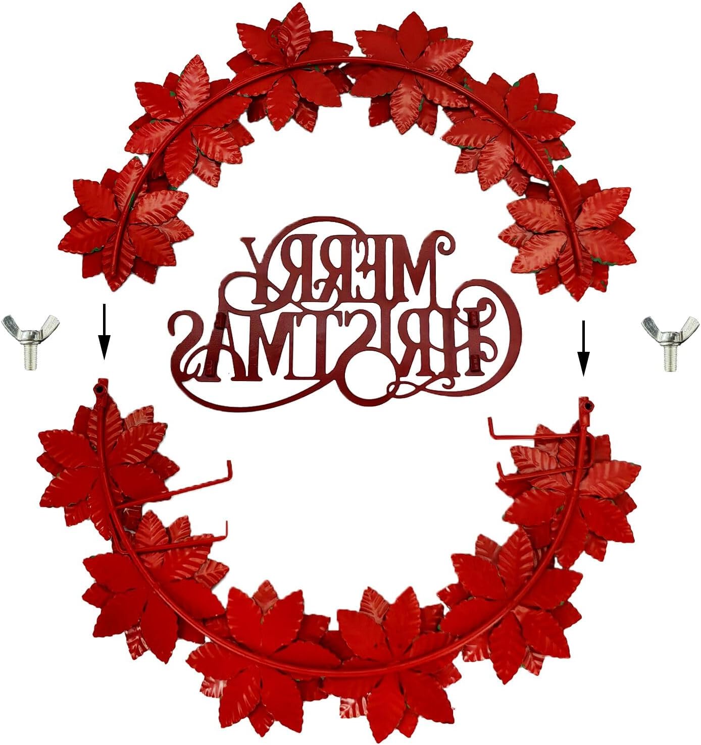 16” Metal Christmas Wreath for Front Door, Poinsettias Handcrafted Holiday Xmas Door Wreaths Clearance Porch Decorations