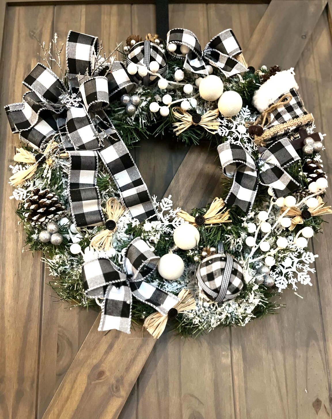 Christmas Wreath with Buffalo Check shops and Cheetah, black and white Christmas decor, Woodland Farmhouse buffalo check holiday mantle decoration