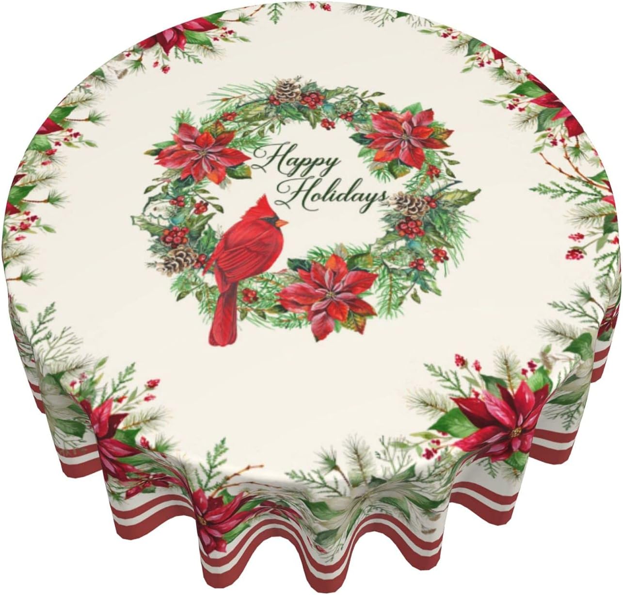 Red Bird Tablecloth Round 60 inch Red White Floral Tableccloth Merry Christmas Cloths Washable Banquet Tablecloth Winter Decorative Table Cover for Holiday Home Party Picnic Dinning