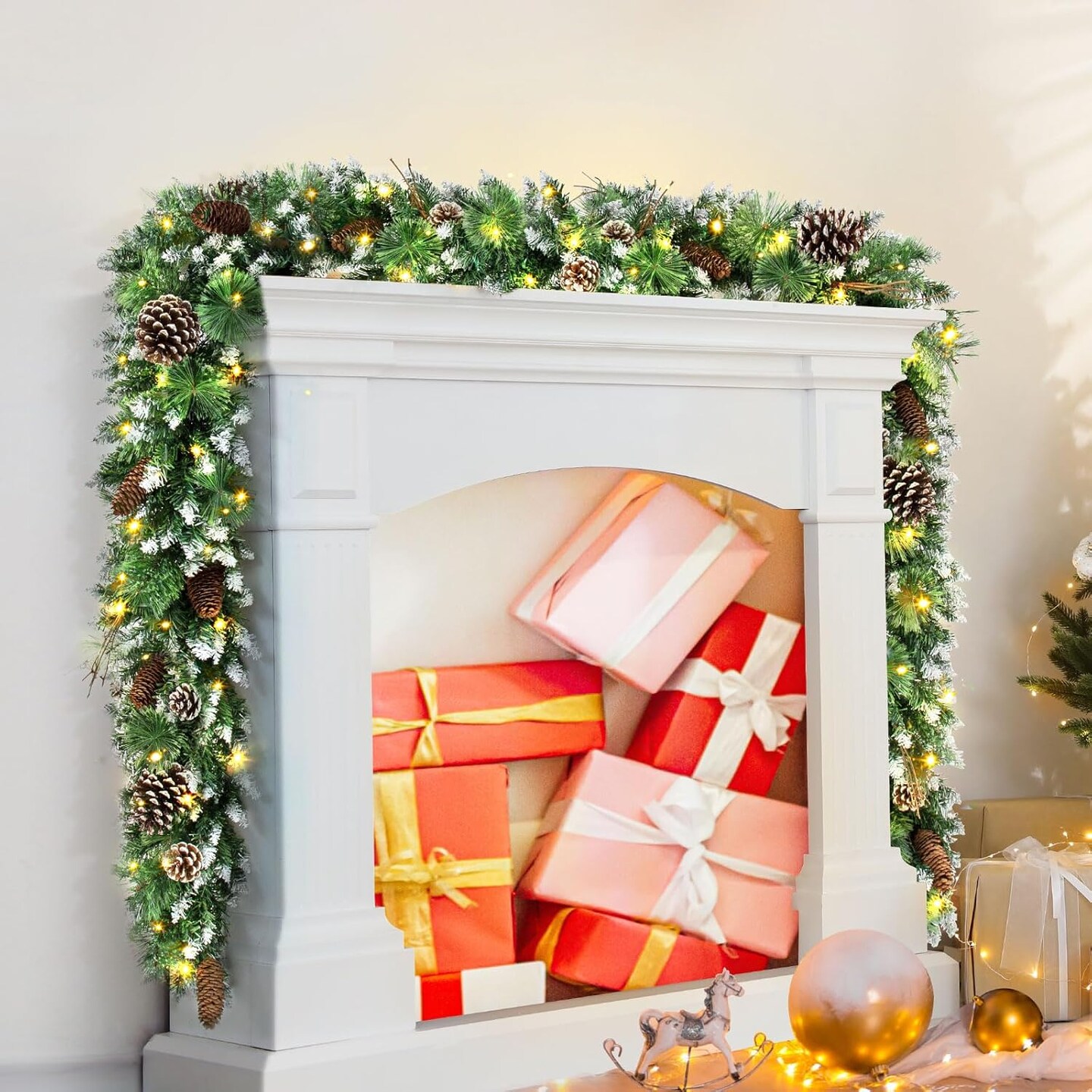 Pre-lit Christmas Garlands Xmas Decorations 8 Mode Timer Waterproof with Snowy Large Pine Cones, Long Pine Cones for Mantle Stairs Door Outdoor Decor