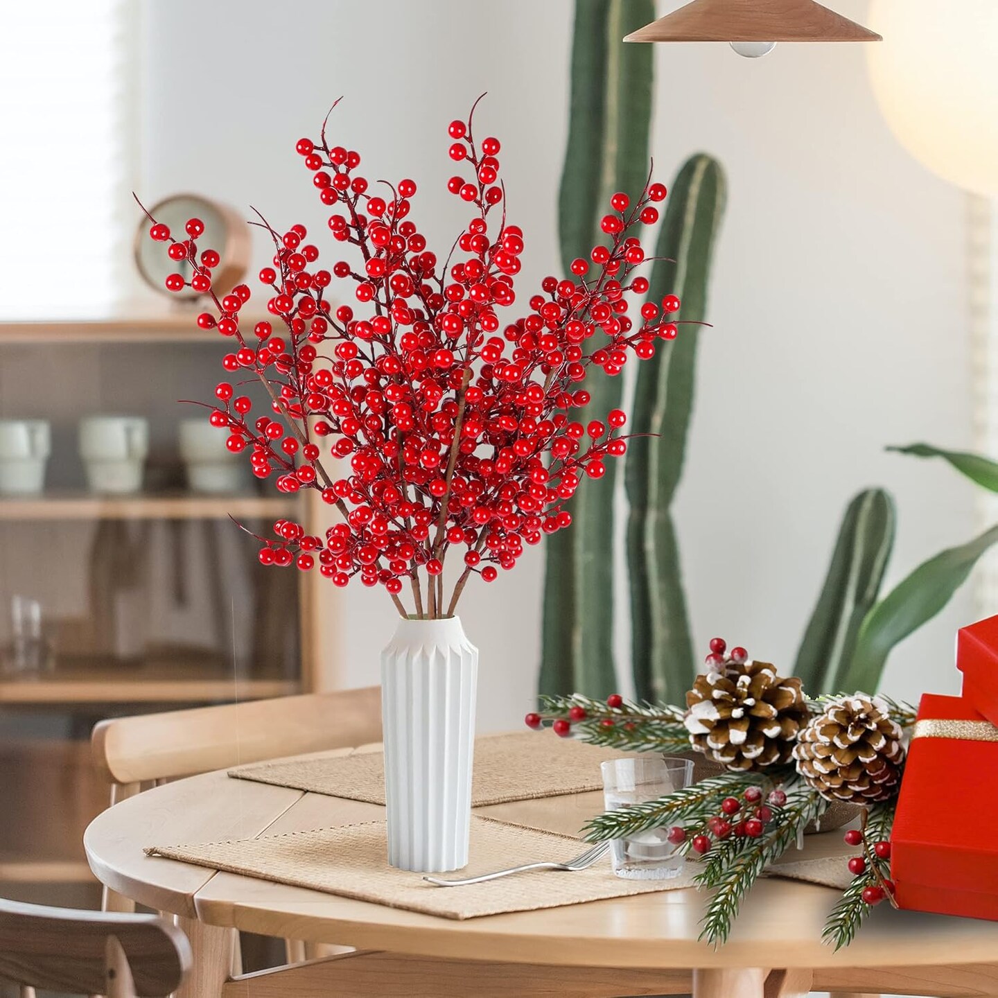 6 Pack Artificial Red Berry Stems Christmas Red Berries Holly Berry Branches 25.2 Inches Fake Burgundy Berry Picks for Floral Arrangements Christmas Tree Holiday Home DIY Crafts Decor