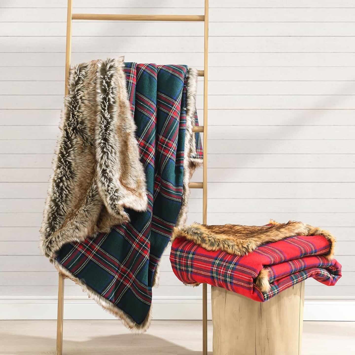 Luxury Plush Faux Fur Throw Blanket with Red Plaid Pattern, Super Warm, Fuzzy, Elegant, Fluffy Decoration Christmas Holiday Blanket for Couch, Armchair, Sofa and Bed, 50''x 60''