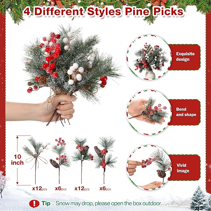 Artificial Pine Branches with Snow Spray Red Berry Stems Pine Needles Faux Pine Picks Snow Floral Pine Cones for DIY Crafts Christmas Tree Garland Wreath Holiday Decor