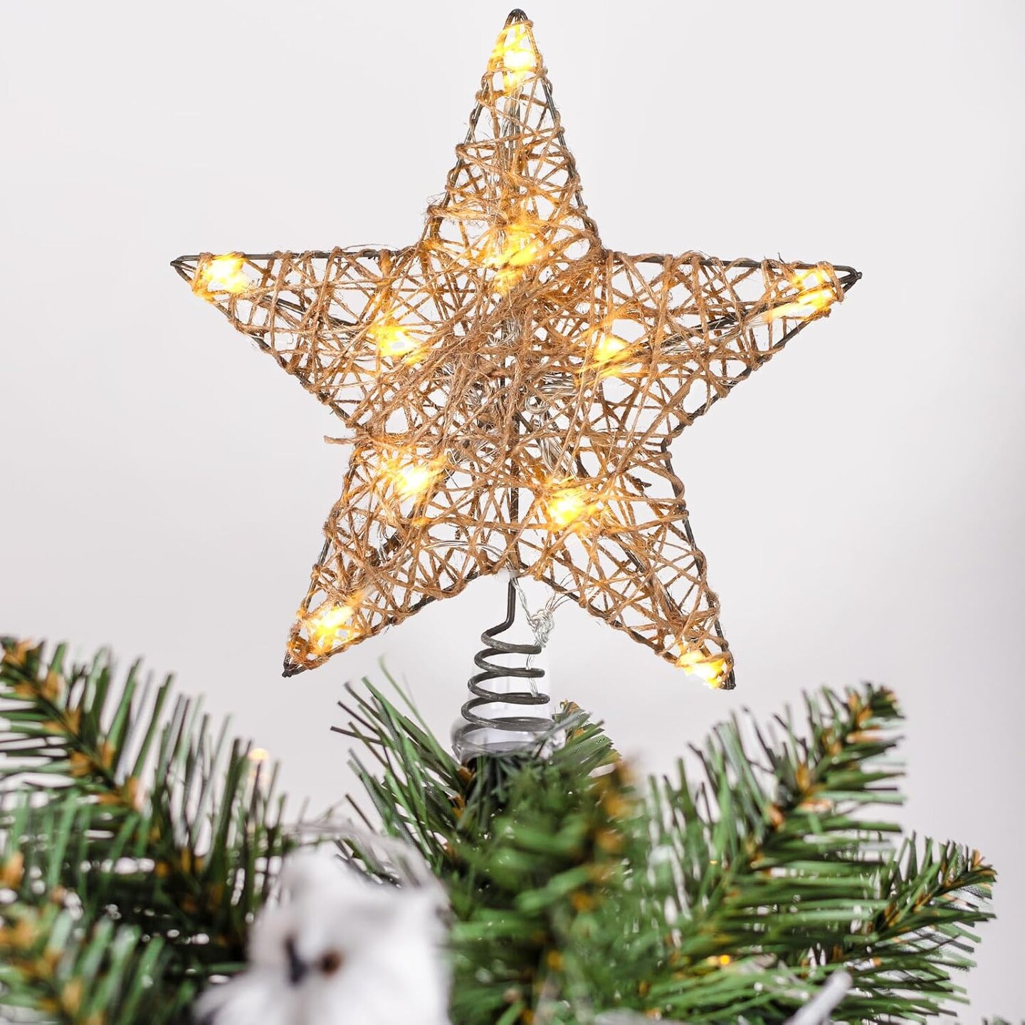 Farmhouse Christmas Tree Star Topper Decorations Light up Christmas Tree Topper with 10 LED Lights for Rustic Xmas Party Ornament Home Decor