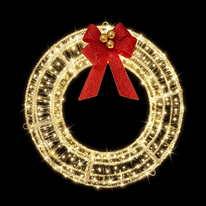 Christmas Acrylic Wreath with Lights Twinkle Lights, 24 Inches Chriatmas Wreath with 720 LED Warm White Fairy Lights, Christmas Werath with Timer/Red Bow for Christmas Decoration (24Inch White Wreath)