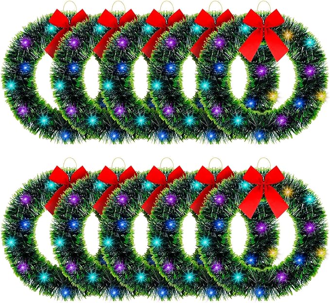 12 Inch Christmas Wreath with Red Bow Bulk Outdoor Lighted Christmas Wreath Artificial for Home Window Kitchen Indoor Christmas Holiday Decoration(Green,10 Sets)
