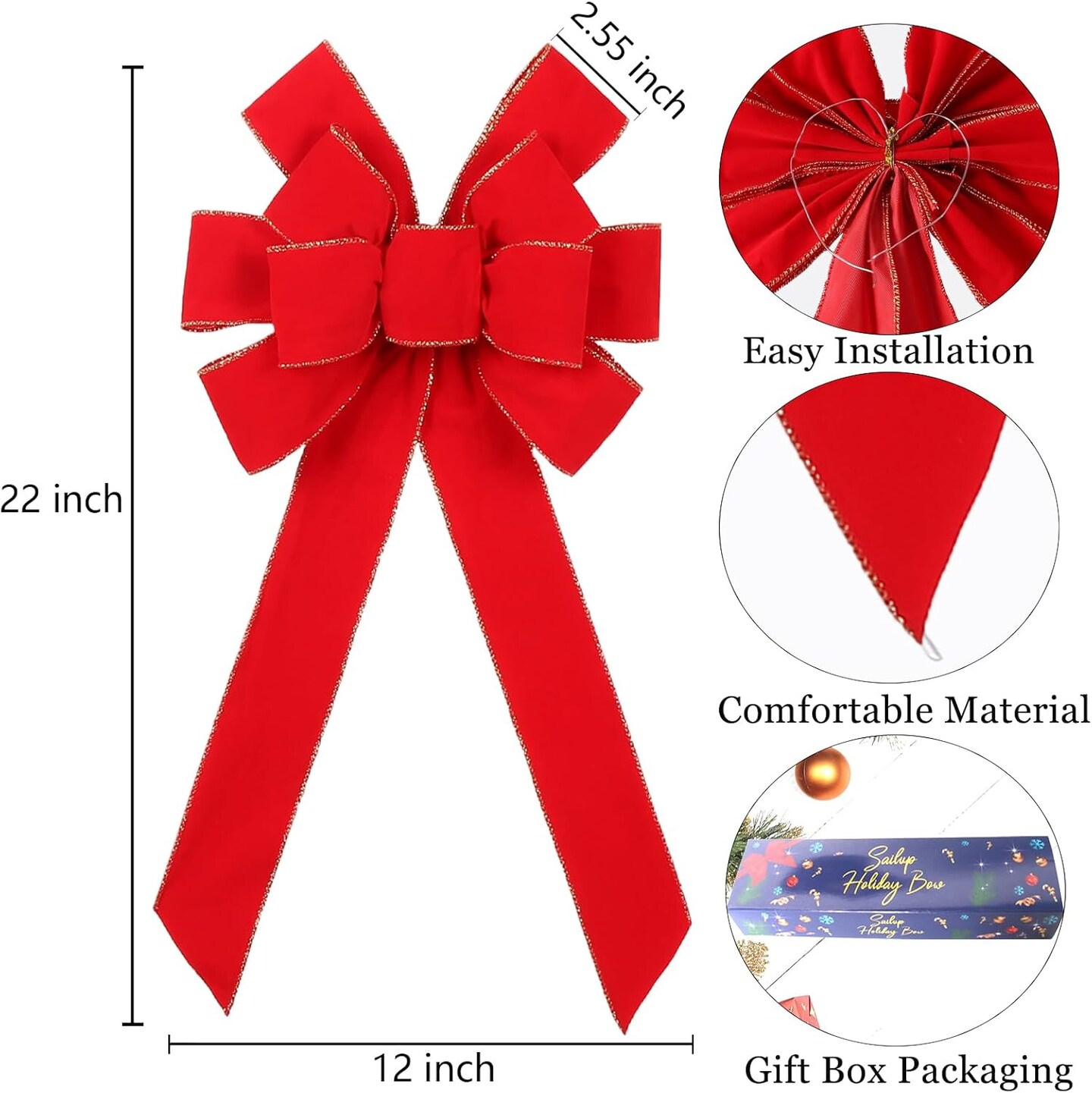 Christmas Wreath Bows, Velvet Wreath Bow with Glitter Gold Edge, 12 * 22&#x2018;&#x2019; Holiday Bow for Front Door Indoor Outdoor Tree Topper Home Decoration