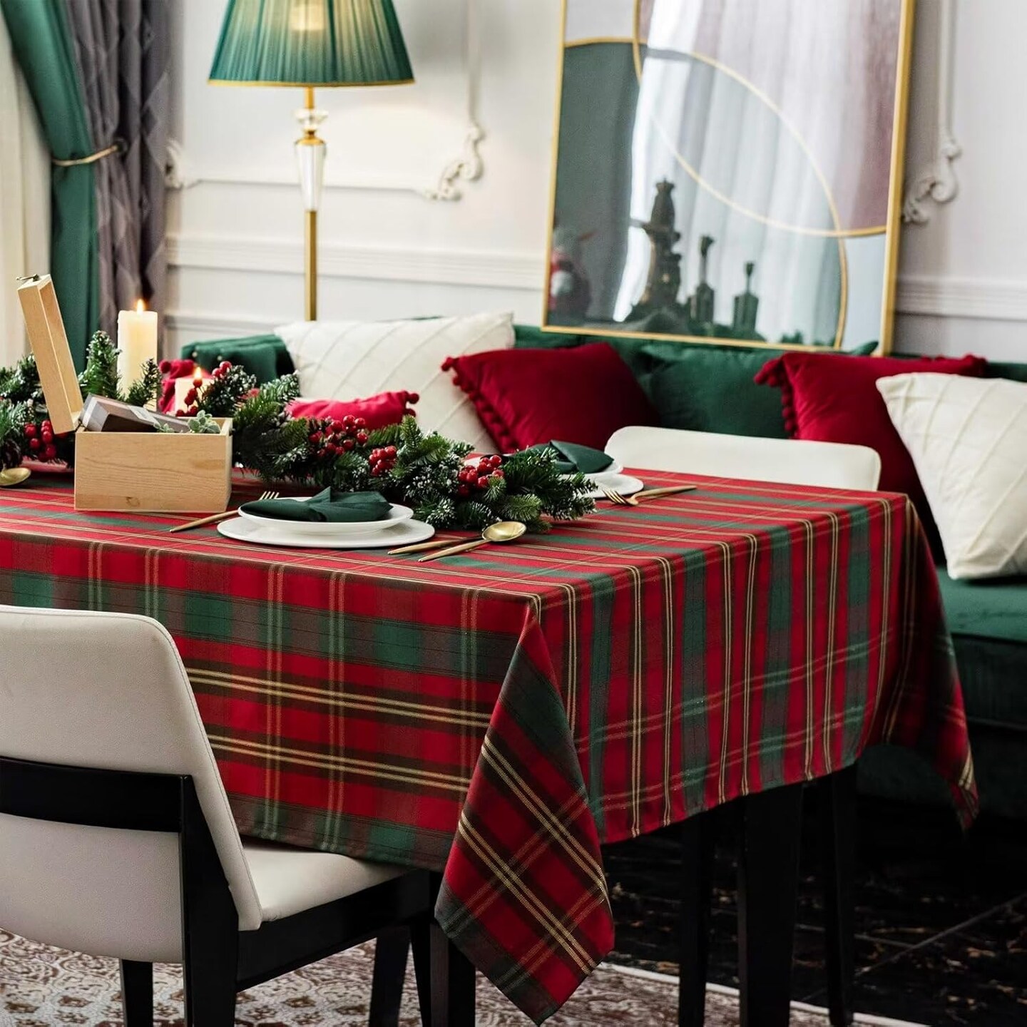 Christmas Rectangle Tablecloth 60x84 inch - Waterproof Holiday Decoration Tablecloth - Reusable Wipable Fabric Table Linen for Kitchen, Holiday Dinner Table Covering for Thanksgiving