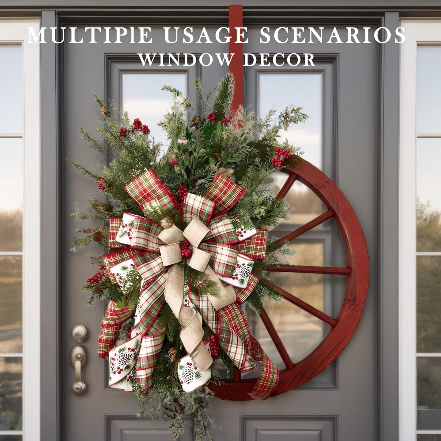 Christmas Wreath, 24 inch Artificial Plaid Bow Holiday Pine Cones Wreath Hanging Roulette Wheel Garland for Front Door Decoration and Christmas Party Decor