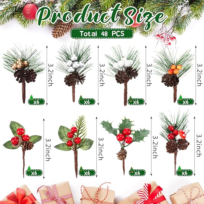 Picks Floral Pine Cones Sprays Wreath Christmas Decorations Berry Stem Branches with Holly Leaves for Xmas Tree Christmas Winter Holiday