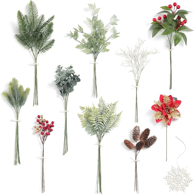 51pcs with 11 Kinds of Faux Greenery Picks for DIY Christmas Decorations Floral Arrangement Table Centerpieces and Wedding Bouquet Filler