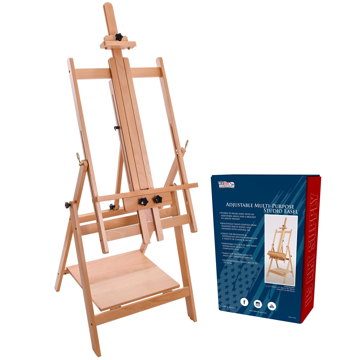 Large Adjustable H-Frame Multi-Purpose Studio Artist Wooden Floor Easel - Tilts Flat, Mast Adjusts to 88&#x22; High, Holds 59&#x22; Canvas - Sturdy Beechwood