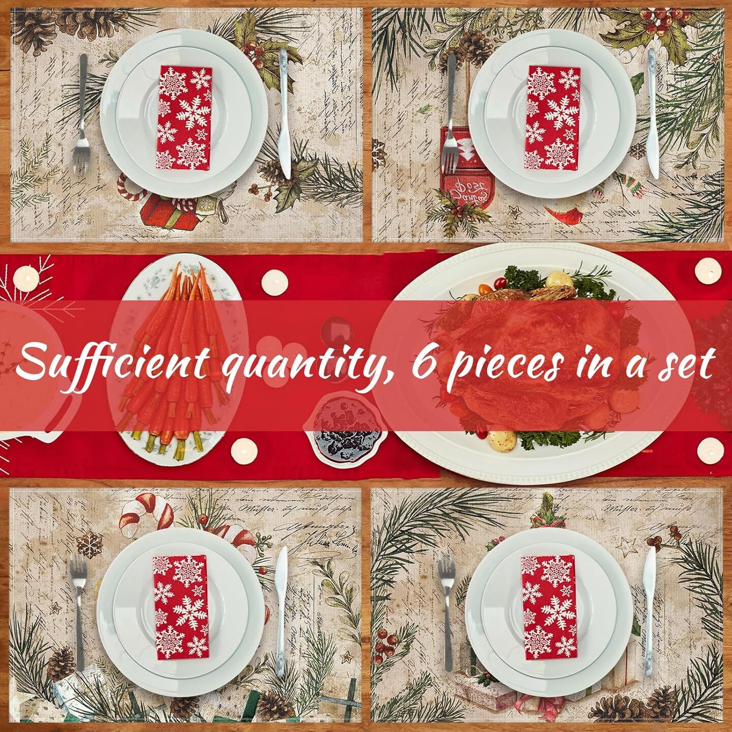 6 Pcs Christmas Placemats 12&#x22; x 18&#x22; Washable Dining Table Mats Heat Resistant Xmas Place Mats Retro Santa Cardinal Nutcracker Printed for Kitchen Xmas Party Winter Home Decoration (Ball)