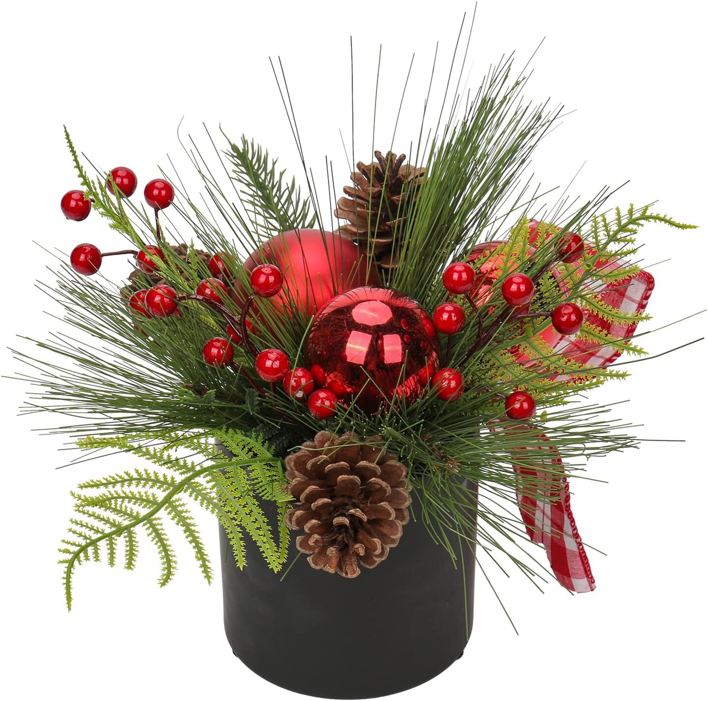 Potted with Pinecones Berries and Red Xmas Ball Ribbon Christmas Arrangements Centerpieces Ornaments in 4.7&#x27;&#x27; Black Ceramic Pot for Home Indoor Table