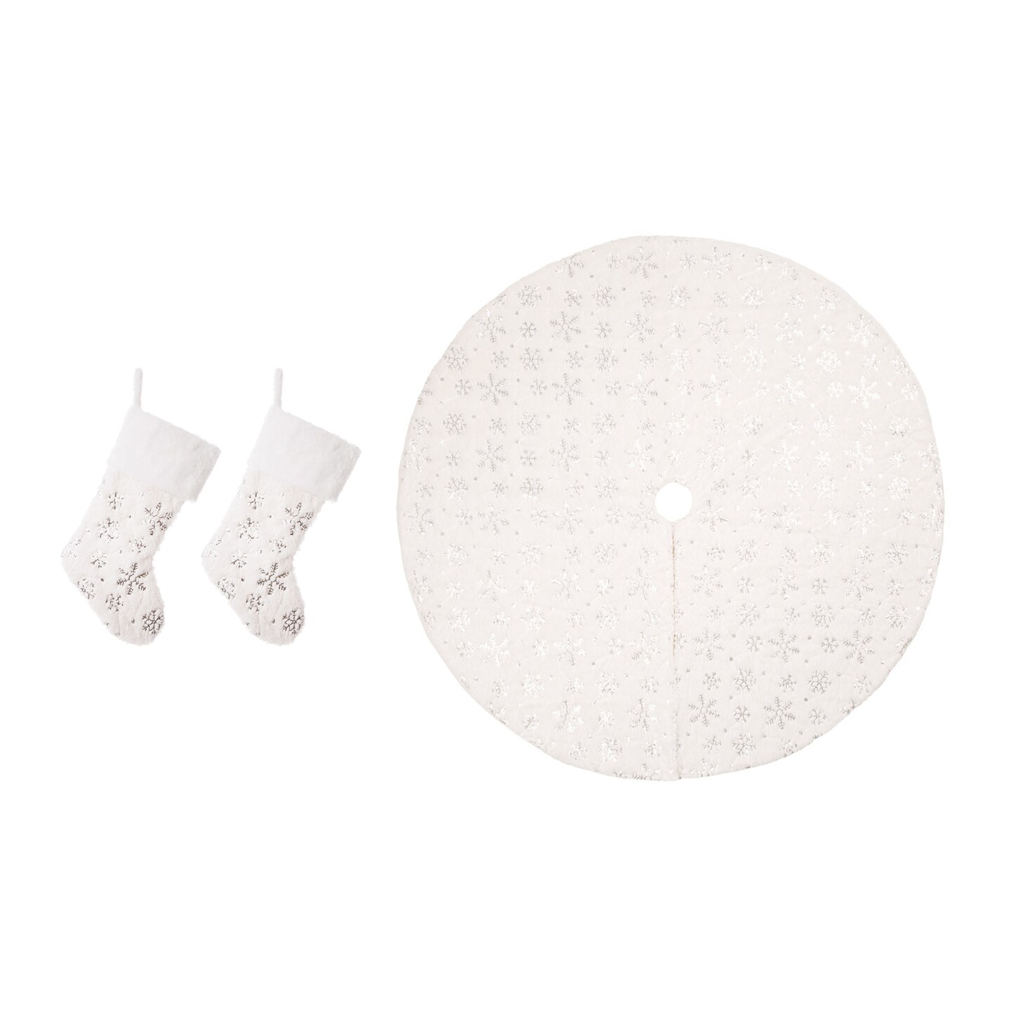 White Plush with Snowflake Christmas Stockings &#x26; a tree skirt