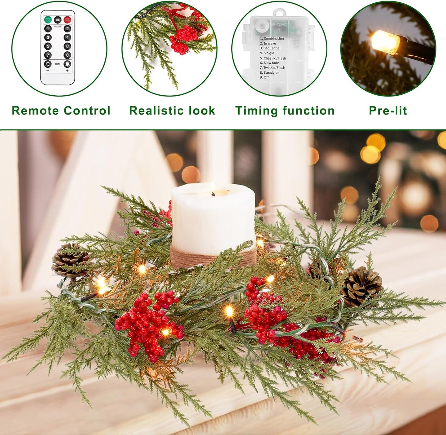 6 FT Battery Operated Artificial Greenery Garland with Timer, 20 LEDs, Pine Cones and Red Berries for Mantle, Front Door, Stairs Railing Decoration (1 Pack)