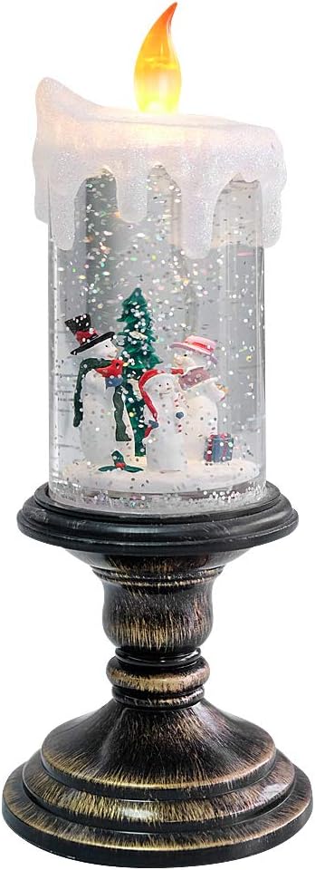 Christmas Snow Globe Candle Battery Operated Lighted Flameless Candles Light Swirling Water Glittering Spinning Candles for Home Decoration(Snowmen Family)