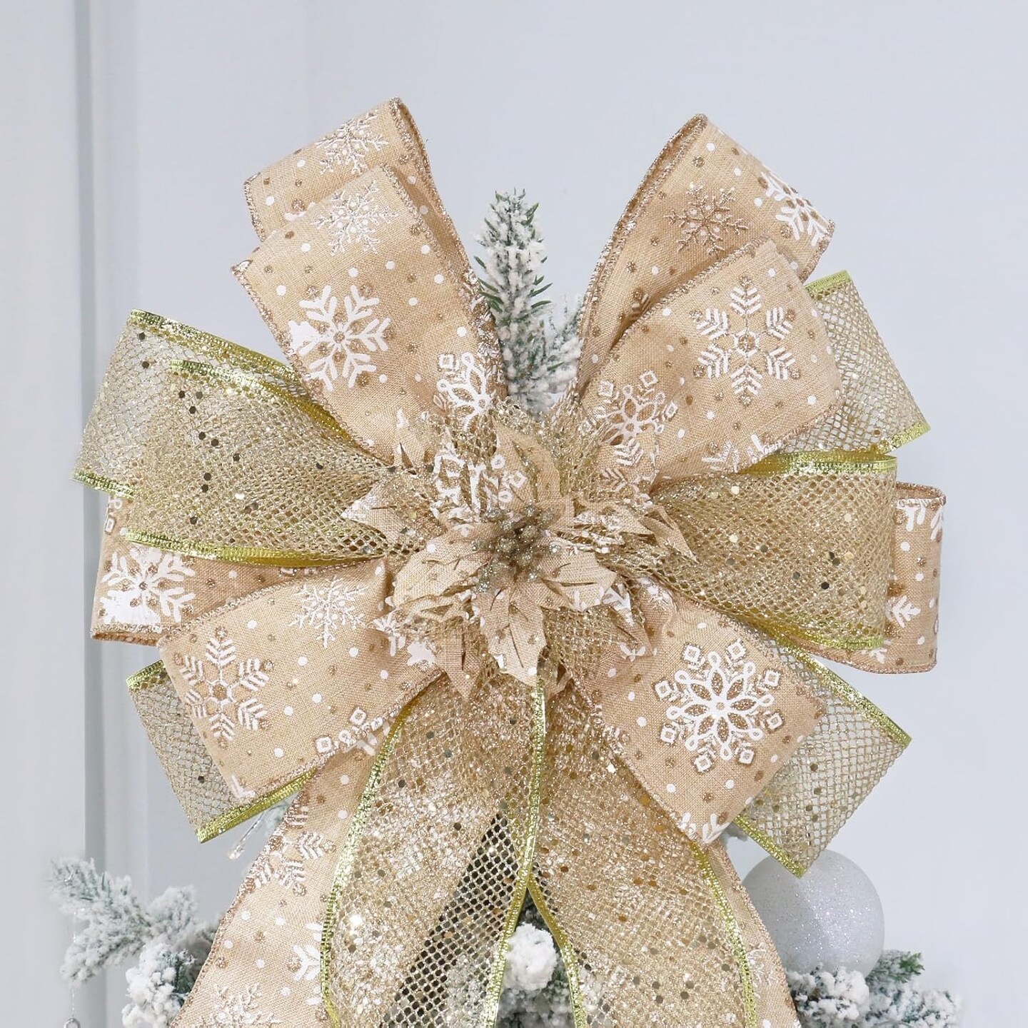 Christmas Tree Topper, Bow Large Christmas Bow Tree Topper, for Xmas Ornament Holiday Home Wedding Thanksgiving Indoor/Outdoor Decoration (Gold)