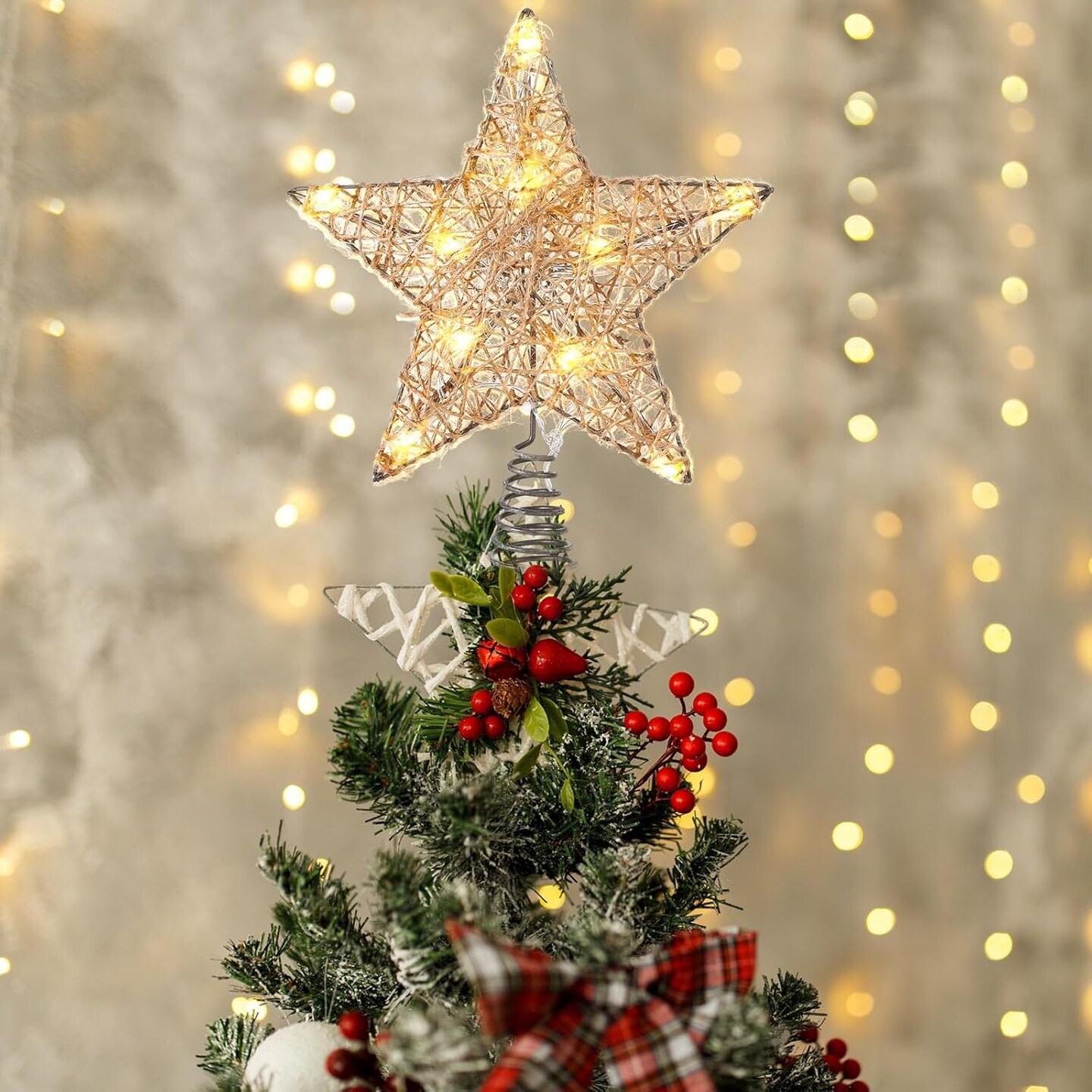 Farmhouse Christmas Tree Star Topper Decorations Light up Christmas Tree Topper with 10 LED Lights for Rustic Xmas Party Ornament Home Decor