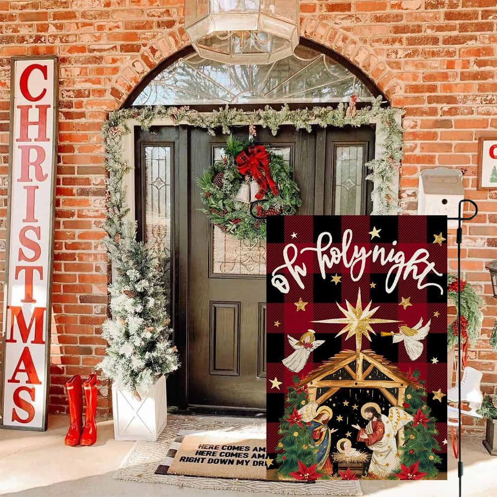 Christmas Holy Night Garden Flag 12x18 Inch Double Sided Small Burlap Holiday Nativity Yard for Outside