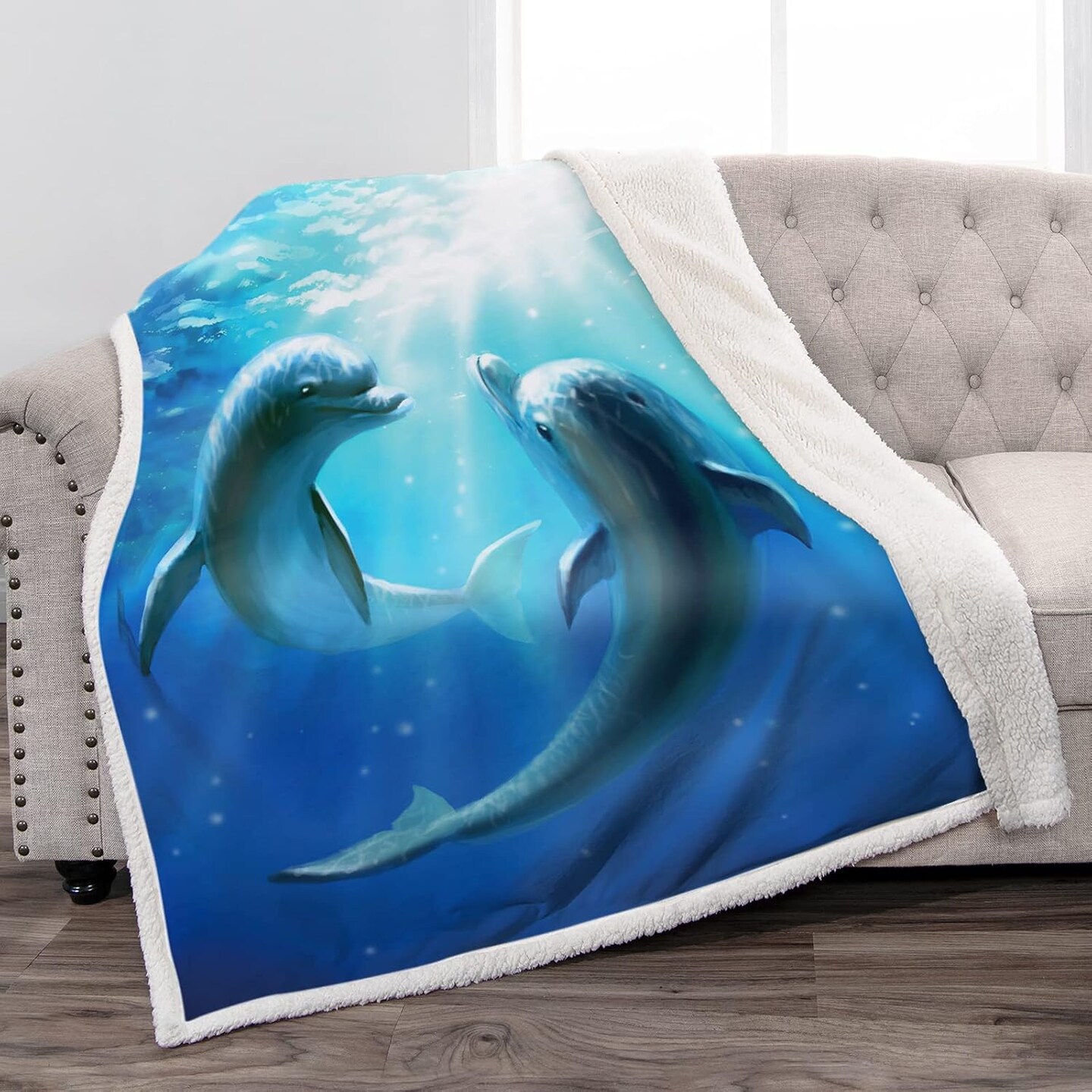 Dolphin Blanket Gifts for Women Girls Men Boys Birthdays Christmas Valentines Presents Ocean Decor Home Bedroom Living Room Soft Plush Fluffy Adults Kids Sherpa Throw Blue 50"x60"