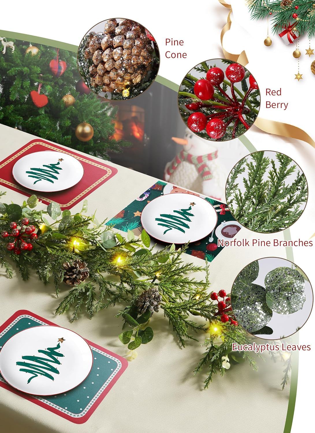 6 Feet 20 LED Battery Operated Christmas Lights with Pine Cones, Berry, Eucalyptus Leaves, Indoor Christmas Decorations for Stairs, Fireplace, Door