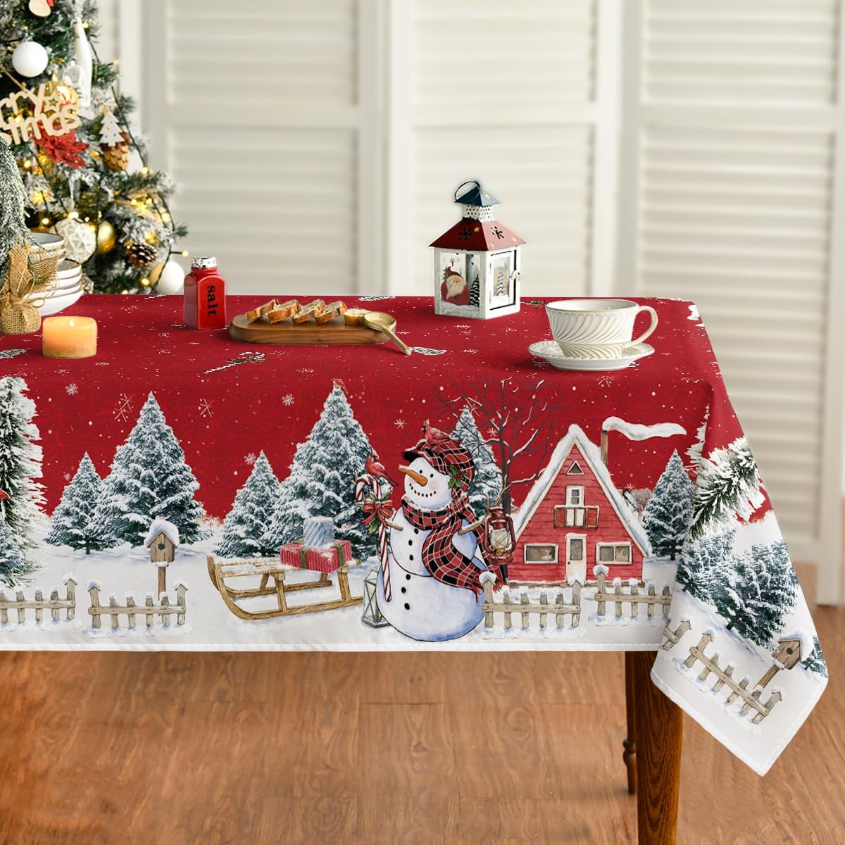 Christmas Tablecloth 60×84 Inch, Winter Snowman House Christmas Trees Red Washable Table Cover for Party Picnic Dinner Decor