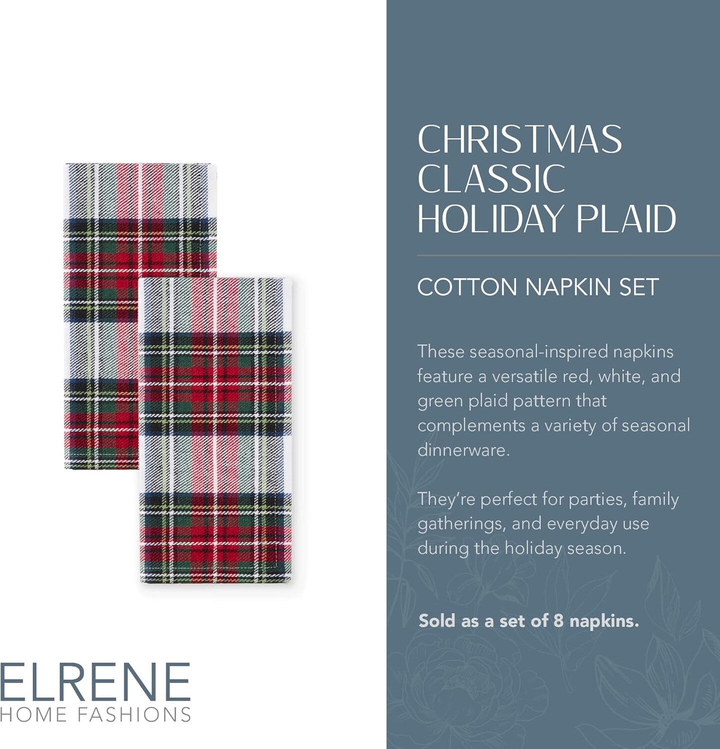 Home Fashions Christmas Classic Holiday Plaid Cotton Napkins, Holiday Table Decor, 17" x 17", Set of 8