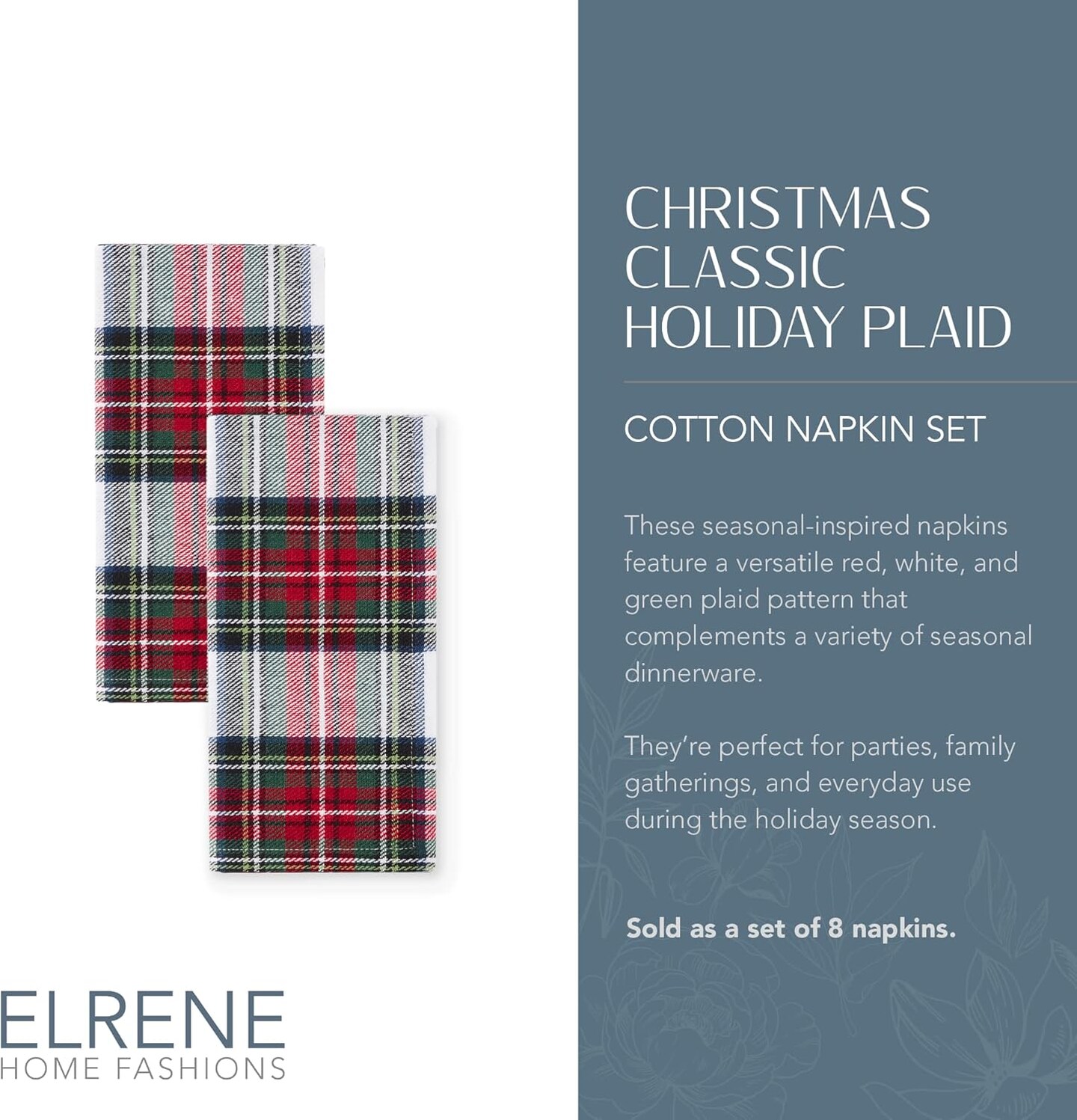 Home Fashions Christmas Classic Holiday Plaid Cotton Napkins, Holiday Table Decor, 17&#x22; x 17&#x22;, Set of 8