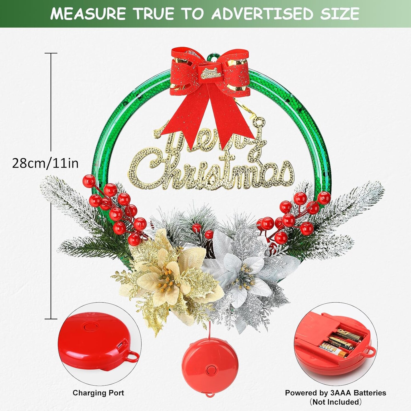 Christmas Wreath with LED Lights, 11&#x27;&#x27; Light Up Christmas Wreath Decorations Indoor, Flowers Picks, Green Prelit Small Reef Garland for Front Door, Windows, Battery Operated/Charging Port