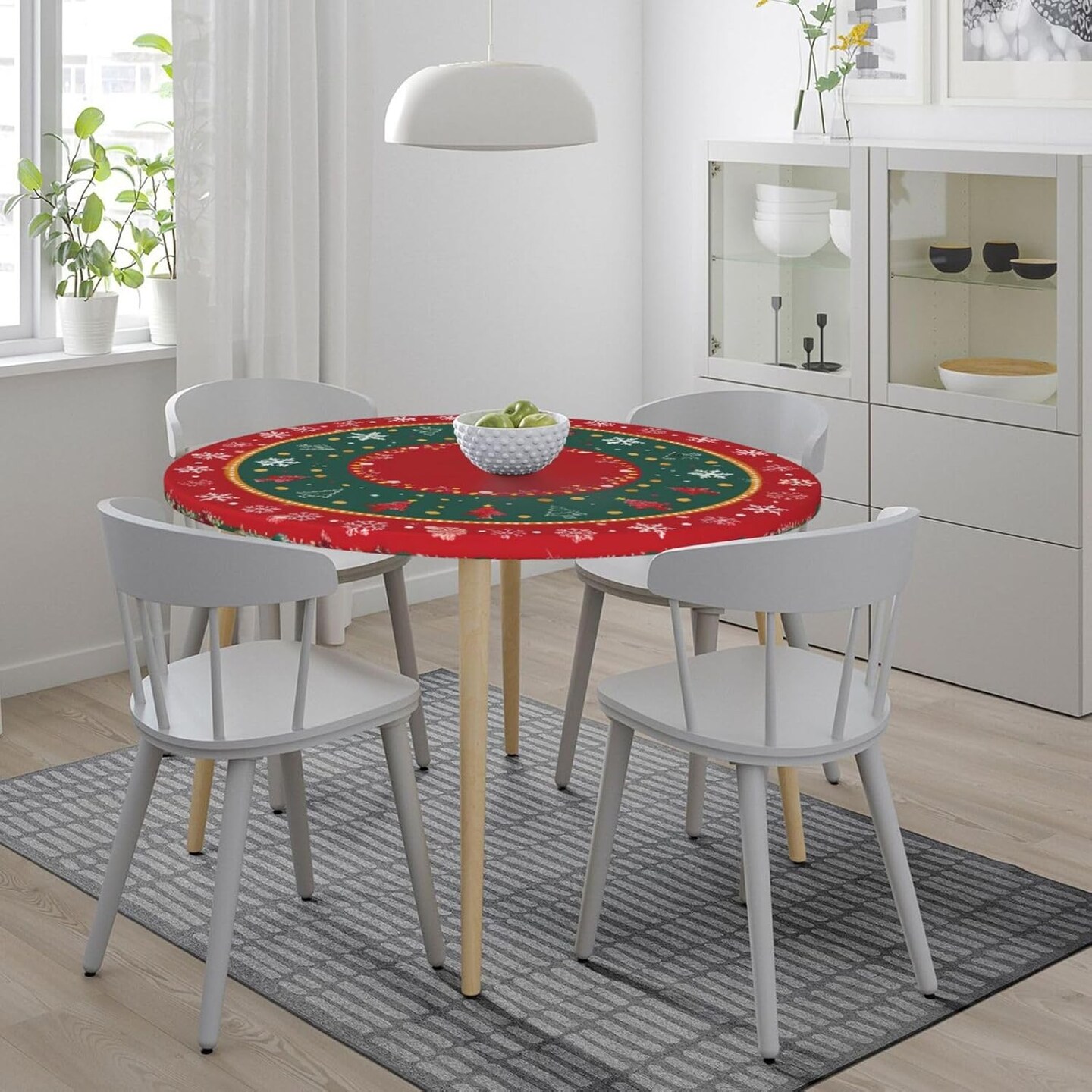 Christmas Tree Snowflake Round Fitted Tablecloth with Elastic Edged Decorative Kitchen Dining Table Cloth Cover Fits 40-44&#x22; Round Table