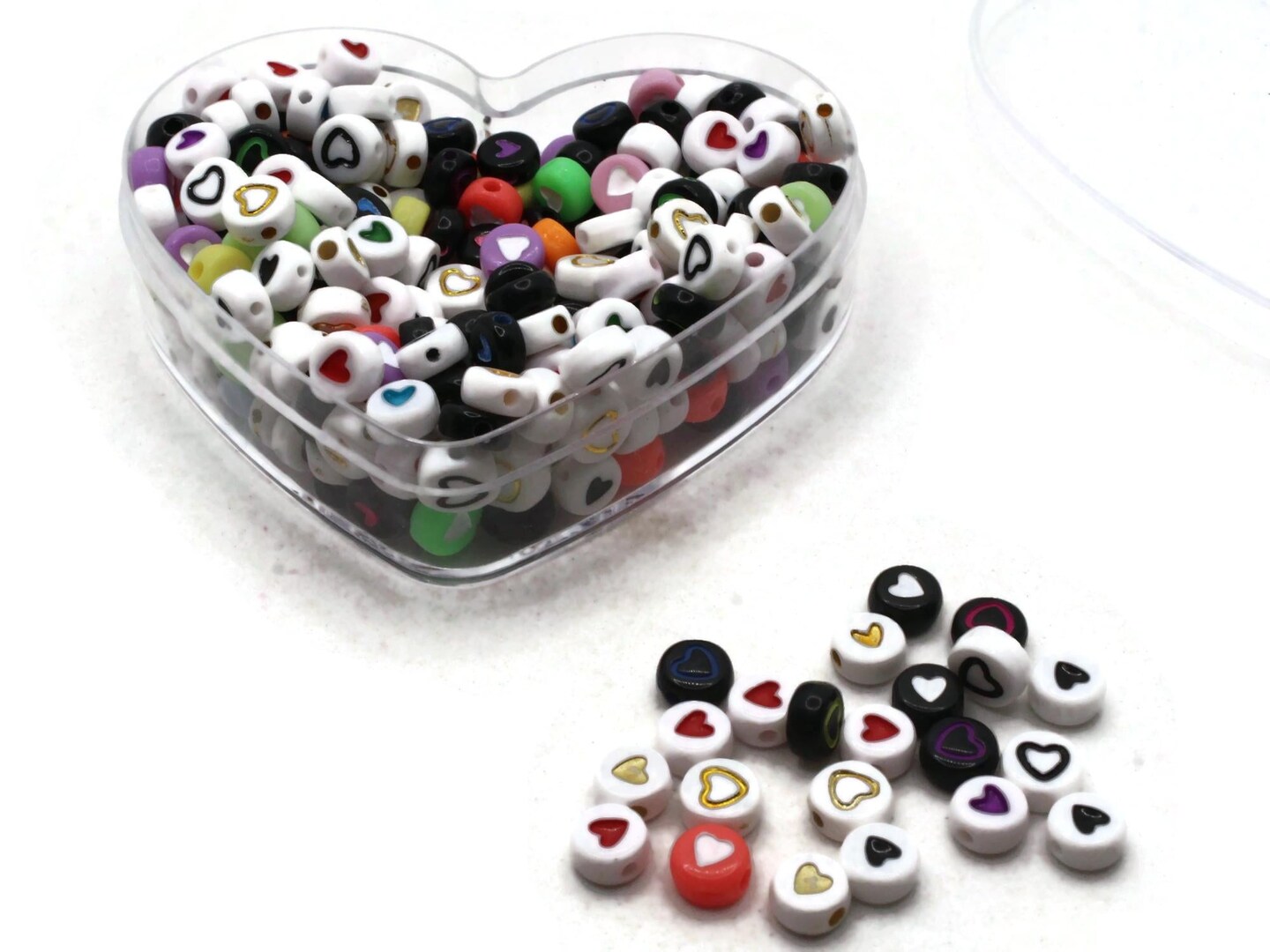 300 6mm Mixed Color Round Coin Heart Beads in Plastic Heart Box