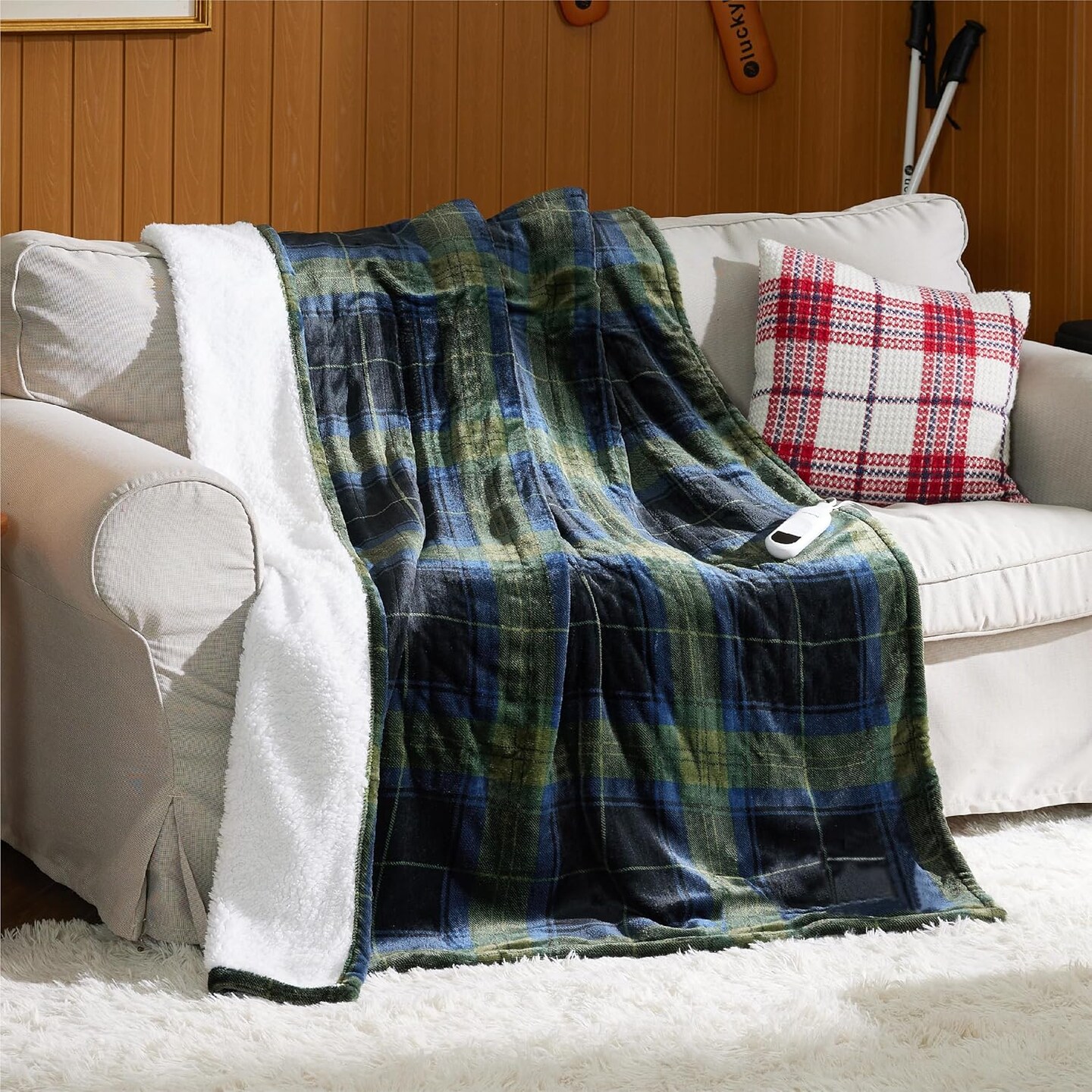 Plaid Heated Throw Blanket - Soft Flannel Sherpa Electric Blanket with Christmas Green Plaid Pattern, Heating Blanket with 6 Heating Levels, 4 Time Settings, 3-Hour Auto-Off (50x60 inches)