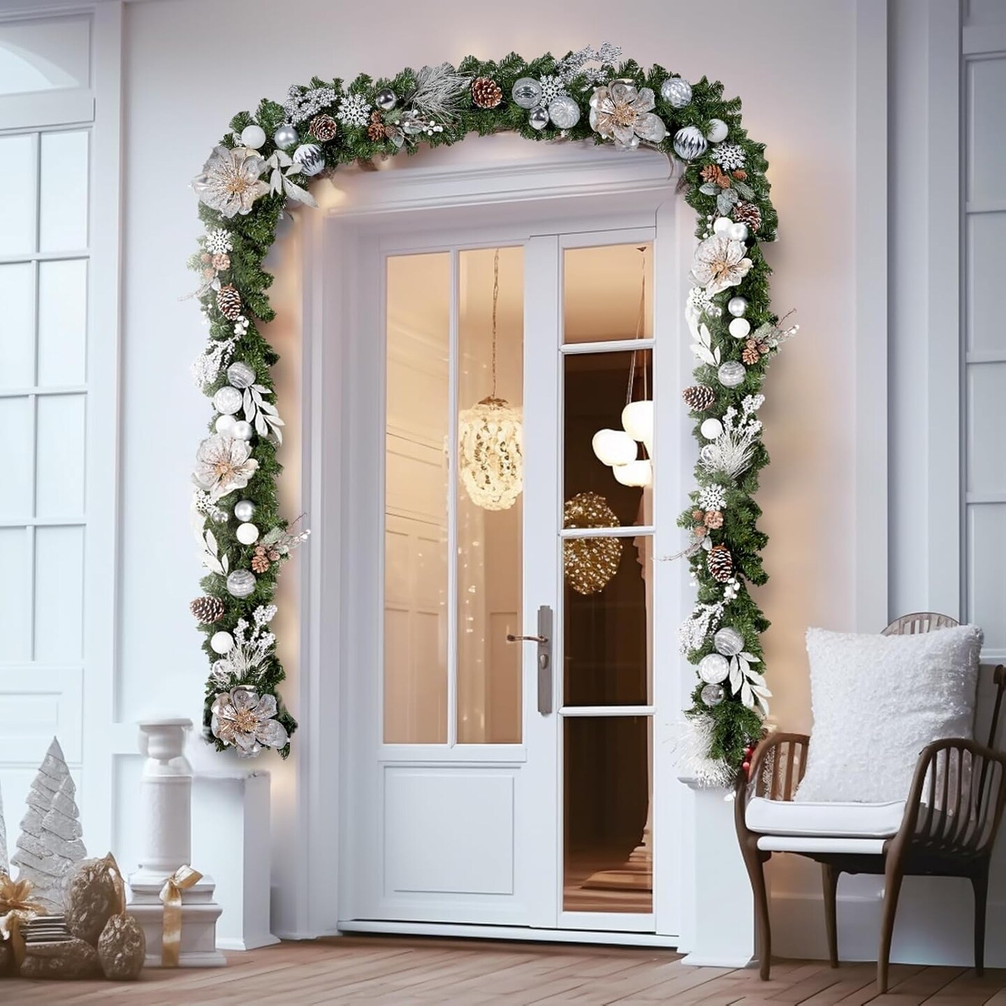 Pre-lit 6 Feet/72 Inch Christmas Garland, White &#x26; Silver Lighted Garland with 35 LED Lights for Indoor Outdoor Xmas Decor Holiday Decorations, Battery Operated (Batteries NOT Included)