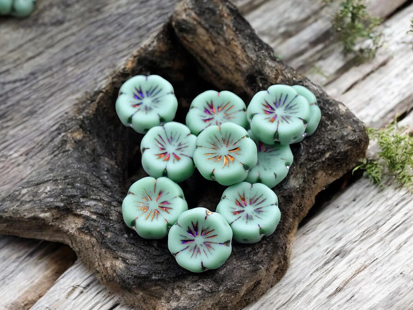 *10* 14mm Metallic Volcano Washed Matte Turquoise Hawaiian Flower Beads