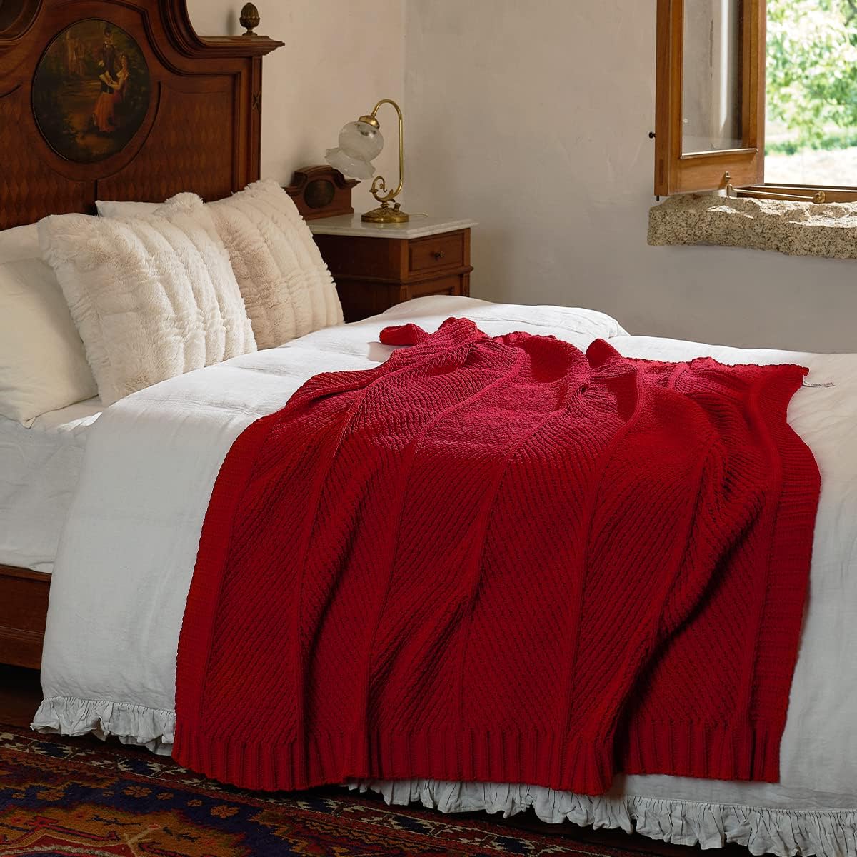 Chenille Christmas Throw Blanket for Couch, Chunky Knit Blanket with Chevron Texture Non-Shedding Decorative Red Cozy Throw Blanket for Sofa Chair Bed, Red, 50x 60