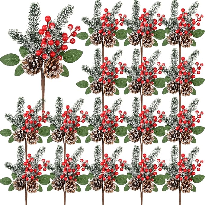 Picks Red Picks Pine Picks Set 11 Inch Pine Snowy Flower Berry Picks Artificial Pine Cones Holly Stem Craft Fake Berry Branches for Christmas Xmas DIY Tree Decor