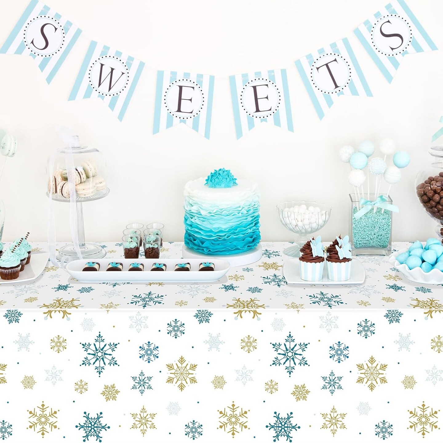 3Pcs Snowflake Plastic Tablecloth Christmas Snowflake Disposable Table Cloth White Blue and Gold Winter Wonderland Table Cover for Winter Holiday Christmas Birthday Party Decorations,54x108 Inch