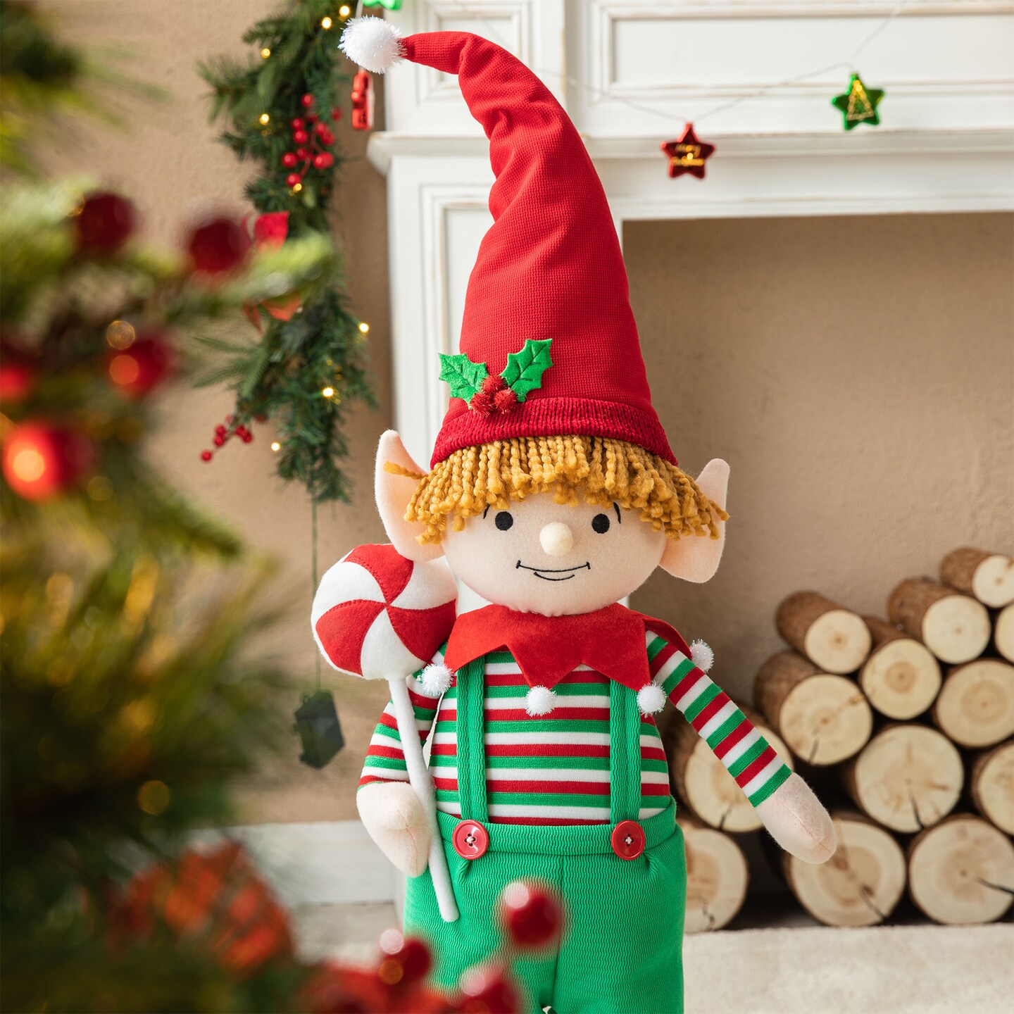 Set of 2 39&#x22;/26&#x22;H Telescoped Fabric Christmas Boy Elf Standing D&#xE9;cor
