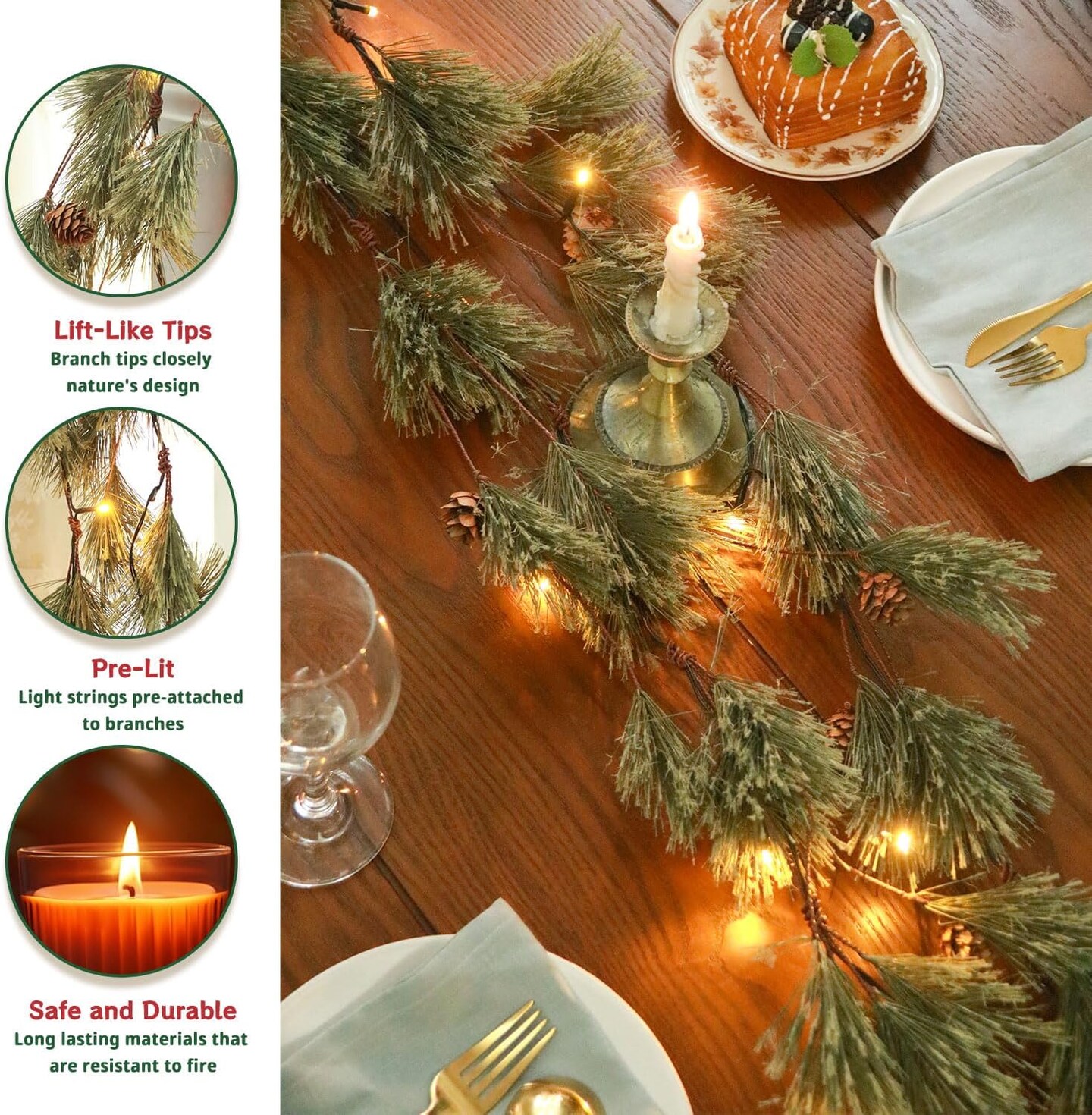 6.6FT Rustic Christmas Garland with Light, Pre-lit Outdoor Garland with Pine Needles Pine Cones for Fireplace Door Porch Mantel Centerpiece Xmas Decoration, Green (Dense Pine Needle)