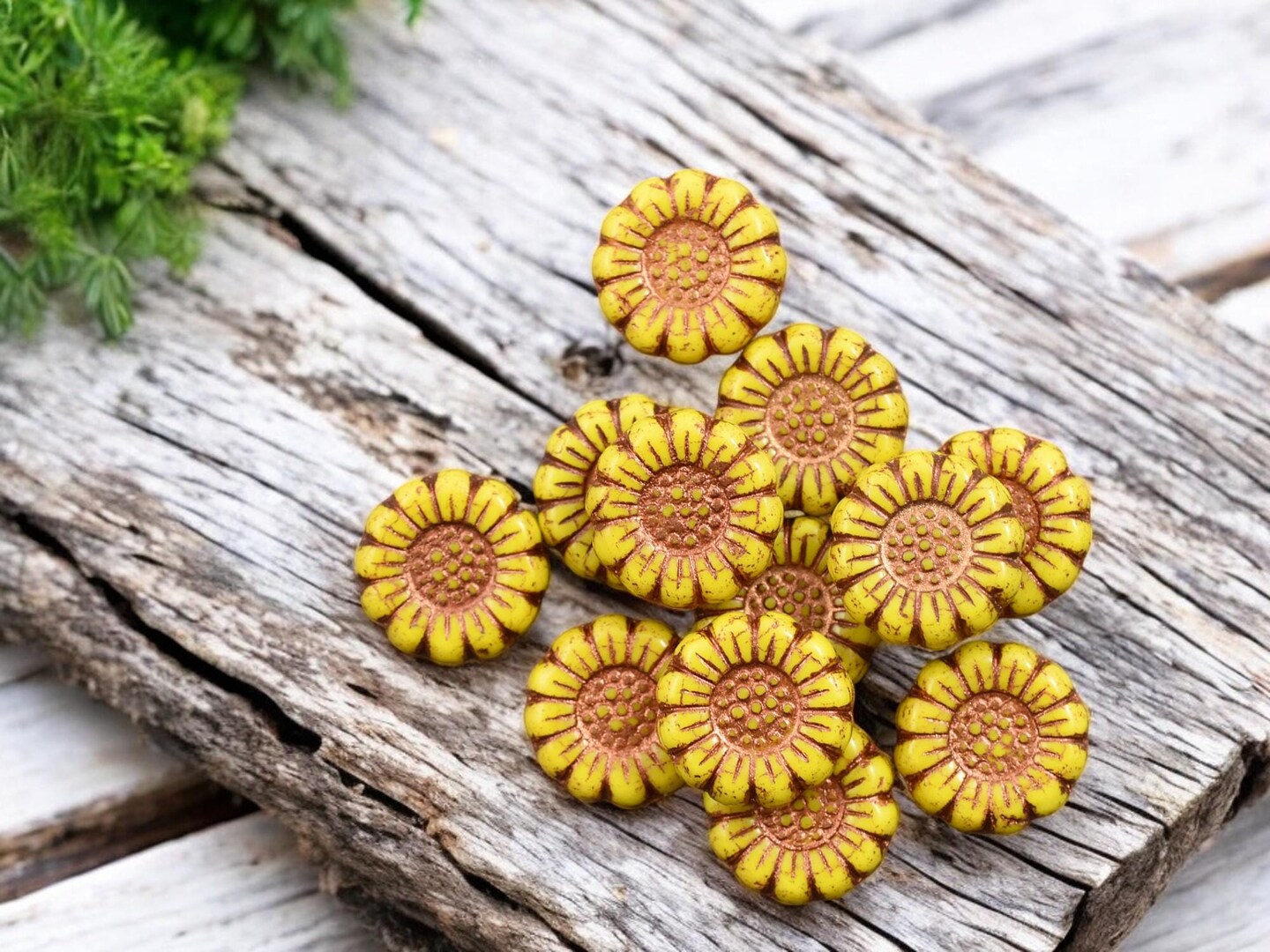 *12* 13mm Copper Washed Opaque Sunflower Yellow Sunflower Coin Beads