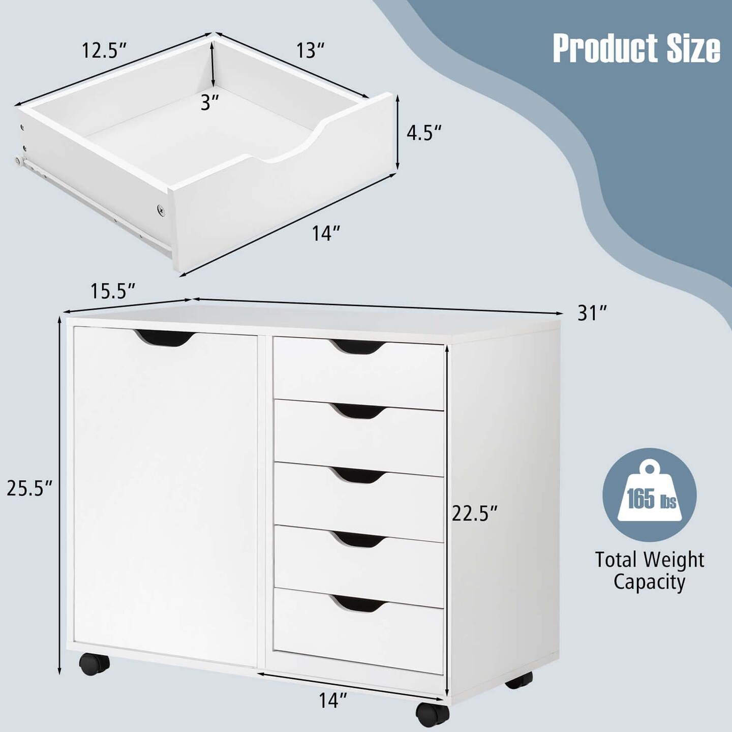 Costway 5-Drawer Chest Rolling Storage Dresser Lateral File Cabinet with Adjustable Shelf