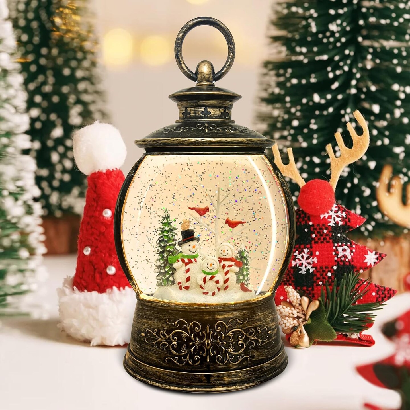 Snow Globe-Snowman Musical Christmas Lantern with 6 Hour Timer USB Lined/Battery Operated Retro Style Glitter Globe for Xmas Indoor Decoration and Santa Gifts