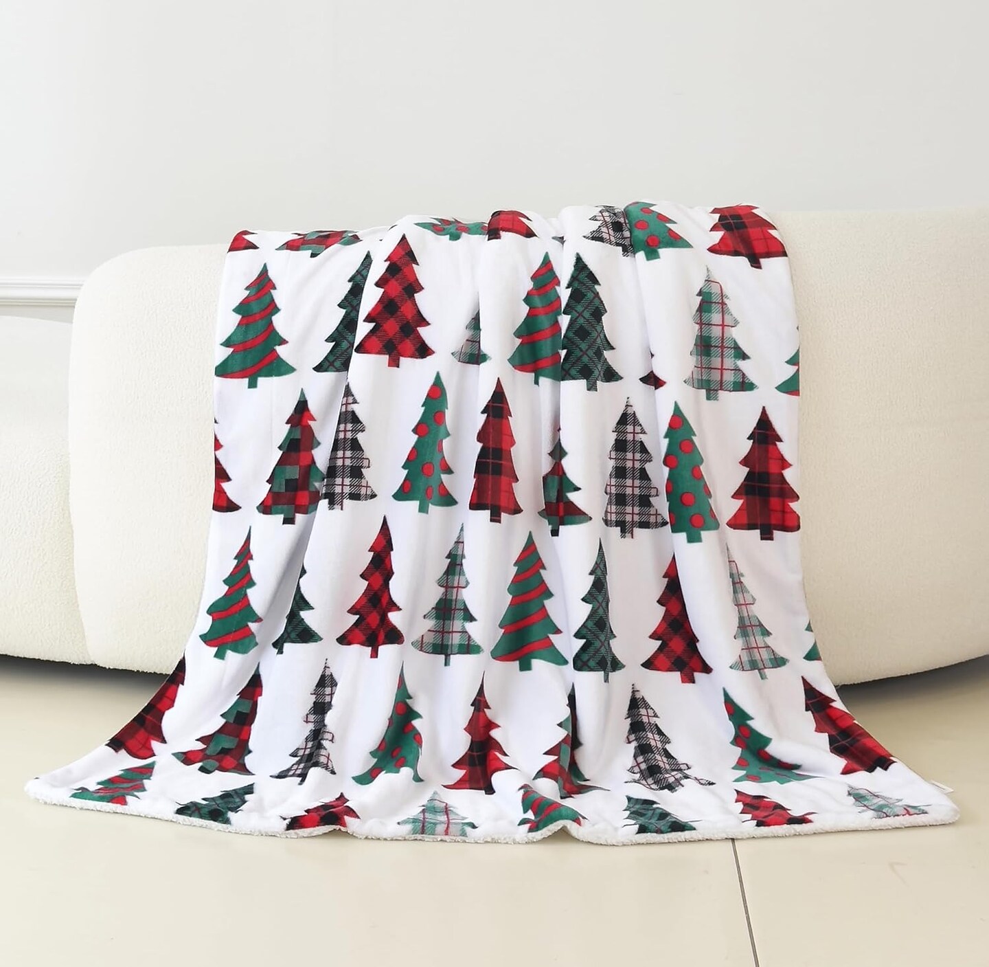 Reversible and Ultra-Plush Flannel Fleece-Winter Christmas Sherpa Throw- Lightweight Soft and Cozy-Holiday Decorative Throw, Perfect for Lounging, 50 x 60 inches, Plaid Christmas Tree