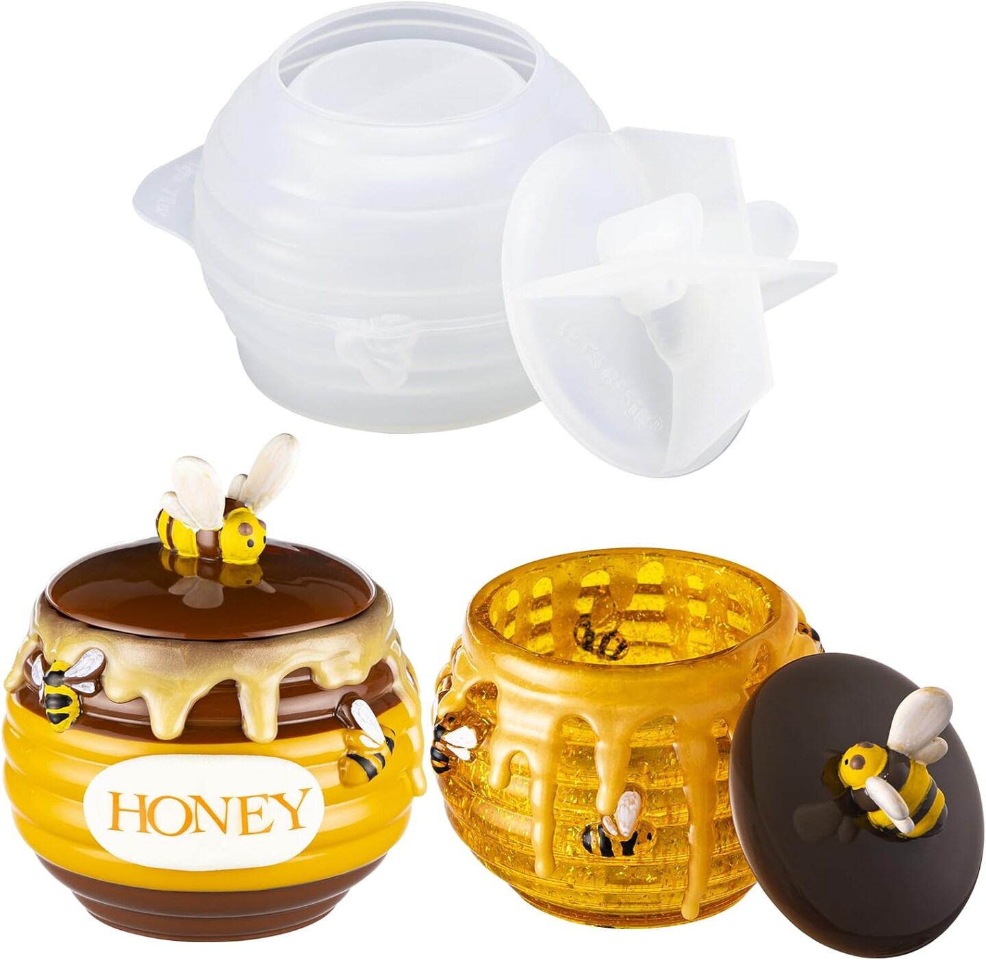 LET&#x2019;S Resin Honey Jar Resin Molds Silicone, Large Resin Jar Molds with Lid and Bee, Honeycomb Shape Jar Molds for Epoxy Resin Casting Craft, Container Pot,Candle Holder,Party Favors,Christmas Gifts