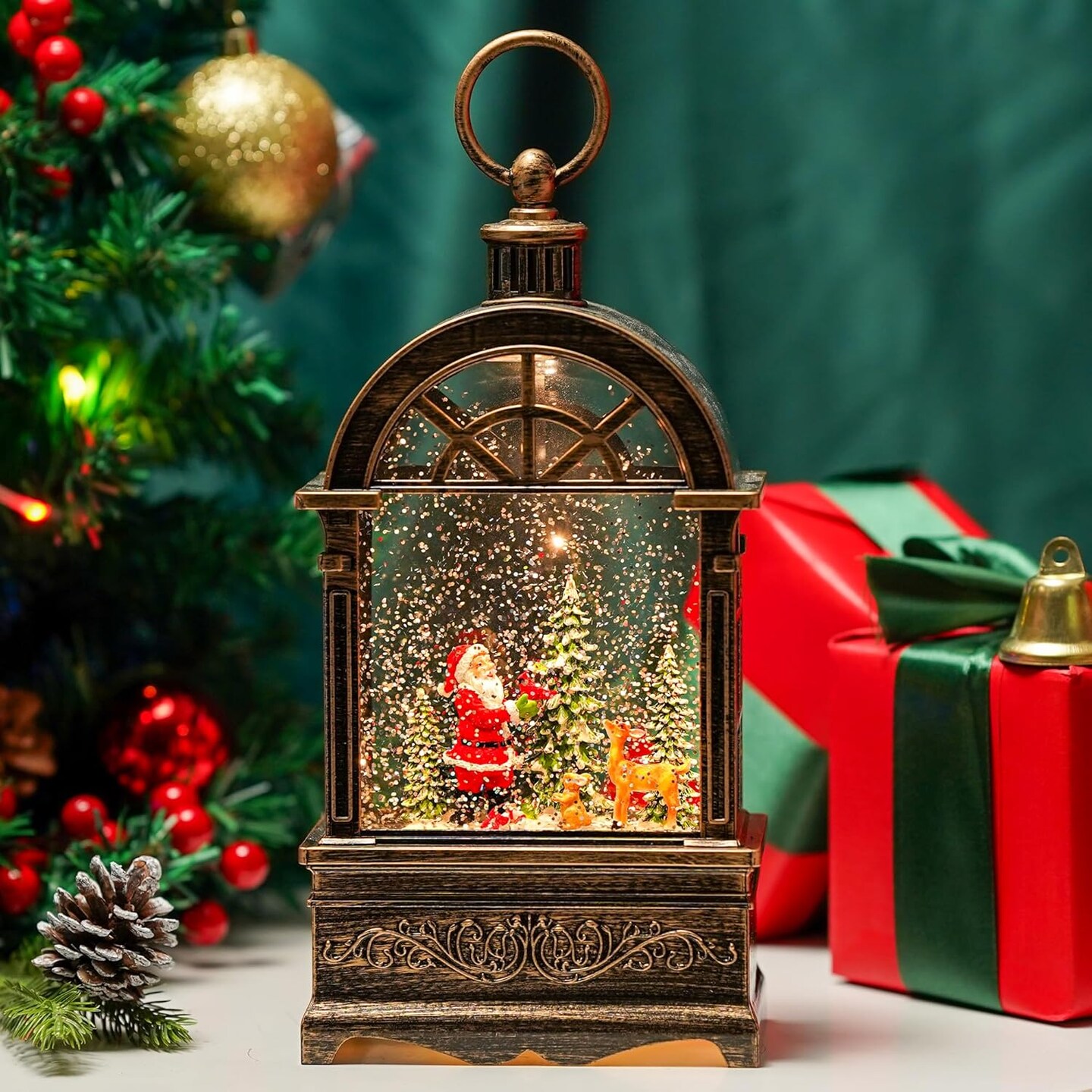 Christmas Snow Globe Lantern Swirling Glittering Santa Moose and Cardinal with Music,USB Lined or Battery Operated Lighted Water Lantern for Thanksgiving Christmas Decoration Gifts